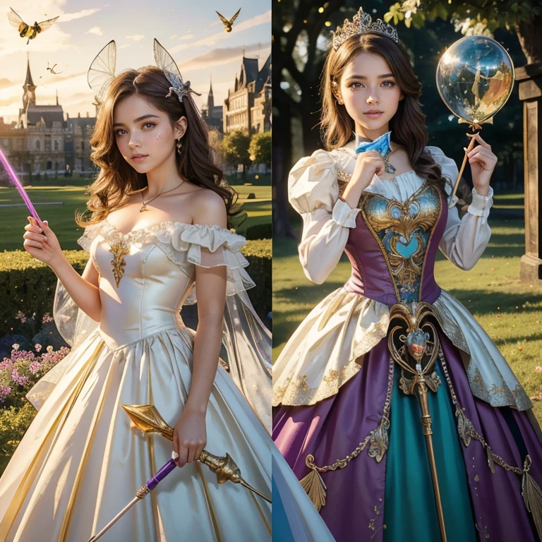 (masterpiece, best quality:1.5), highest quality, High resolution, super detailed, Realists, Upper body photo of a brunette young magical girl, detailed and beautiful eyes, beautiful detailed lips, very detailed eyes and face, longeyelashes, shiny satin dress, Holding a magic wand in your hand, Cast a transformation spell, With her stick she turns the wasps into birds, Glowing wands available,Beautiful and colorful makeup, elegant and noble々The jewelry bag, Gardens as background, soft daylight, bright colors, fine brushstrokes, Portrait style, Silk dress fabric, beautiful color palette, glowing skin, First-class rendering, that captures every detail, enchanting atmosphere, subtle shadows and lights, (perfect anatomy:1.2), (The two stunning magical girls turn leaves into dresses. (a transformation with the magic wand:1.4), (magnificent panorama view:1.2)