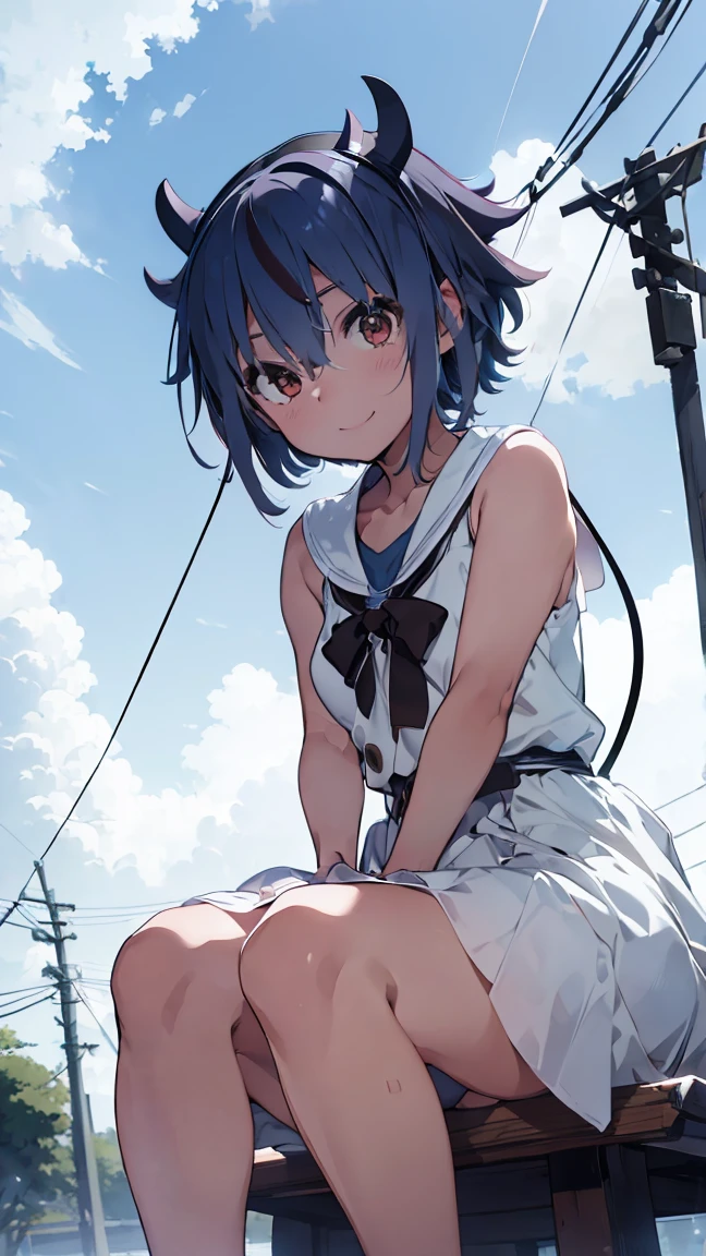 masterpiece, Highest quality, High resolution, Very detailed,(((Mikoto Naruka))), (((white ground)))、(((electric wire)))、(((smile)))、(((Sitting far away))), Wearing a white dress。, Electric pole, blue sky,