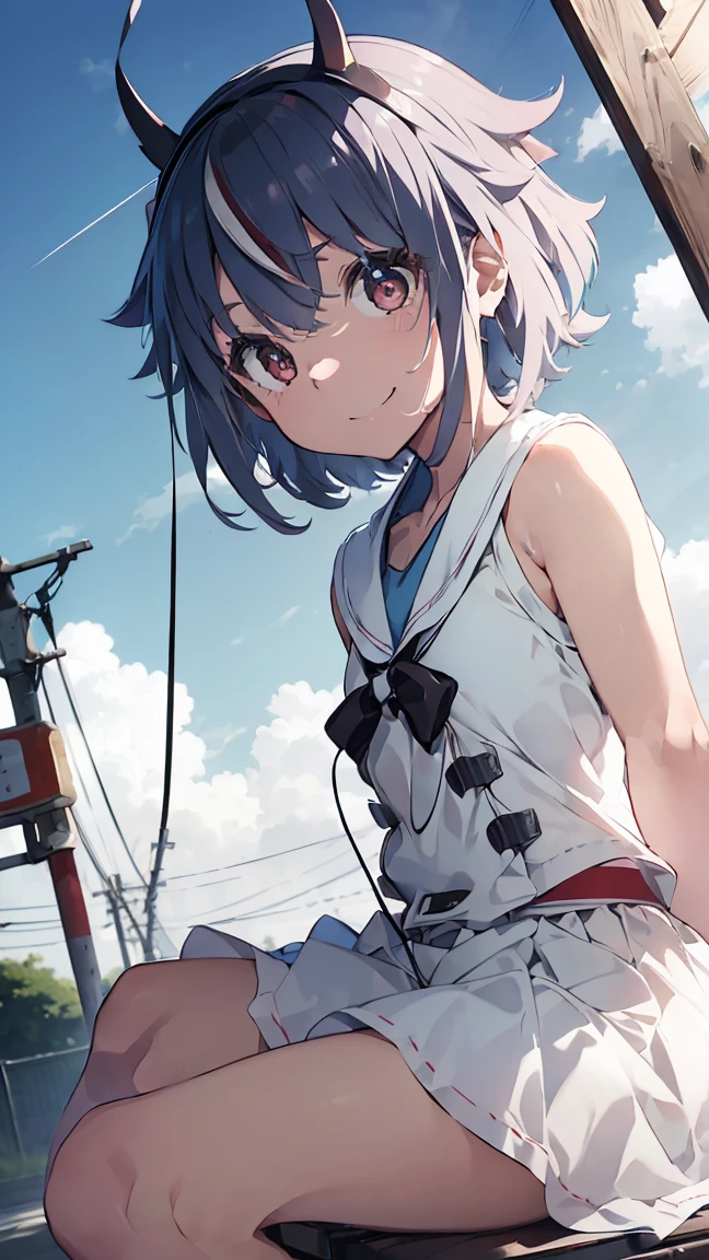 masterpiece, Highest quality, High resolution, Very detailed,(((Mikoto Naruka))), (((white ground)))、(((electric wire)))、(((smile)))、(((Sitting far away))), Wearing a white dress。, Electric pole, blue sky,