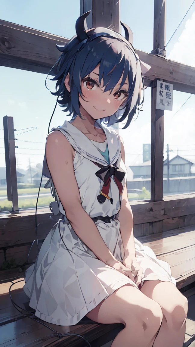 masterpiece, Highest quality, High resolution, Very detailed,(((Mikoto Naruka))), (((white ground)))、(((electric wire)))、(((smile)))、(((Sitting far away))), Wearing a white dress。, Electric pole, blue sky,