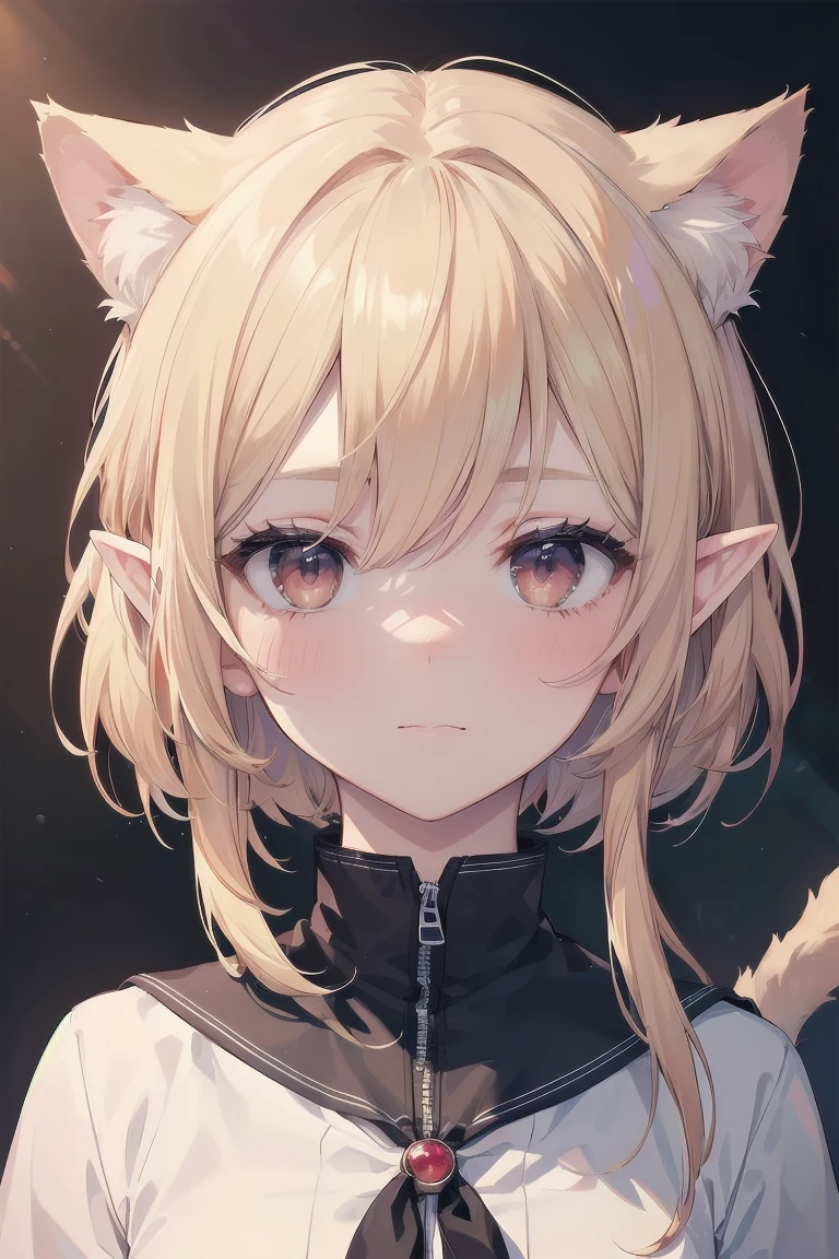 ((masterpiece, Top quality, high resolution, Ultra HD, Pixel Perfect, Depth of Field, 8K, Renesas Electronics, HDR)), 1 cat person, single, Solitary, Beautiful anime girl, Beautiful art style, Final Boss Anime Character, ((Double braids on the side of the face, Flock, Blonde Hair,: 0.5)), (( Red eyes: 1.4, Round eyes, Beautiful eyelashes, )), ((Delicate face, blush: 1.2)), ((Smooth texture: 0.75, Realistic textures: 0.65, Reality: 1.1, Anime CG style)), Dynamic Angle, age,role conception,Triangle mouth,Crayon small new face,Red Eyes,Blue nose,Elf ears on the side of the face,Lateral ball head,Cat's Paw,Bare feet,Cat feet,Small chest,Triangular mouth,Triangular nose,Blue nose,Oversized red bow under the chin,Suspender clothes,Standing,Cold Face,blond,Twin ponytails on one side of the face,Arms Crossed ((portrait , Hamedori))), ((Lovely and stylishly designed rast boss in school uniform, ), sneer, taunt, small, Small owner, Lovely, crazy Lovely rast boss,Generate three views,front,side cut,side,Rear view,Head to Body Ratio 1:2,2D角色Concept Design,Full body portrait,8 age,Elves on both sides of the brain,耳Crayon small new face型,Winter melon face shape,Round face,Winter melon face shape,The chin is round and large,Bear's paw,Cat's Paw,Tiger Claw,Cat feet,Rabbit feet,Bestial feet,personal,No image,Clean background,Concept Design,detail,Q version style,Lolita clothing