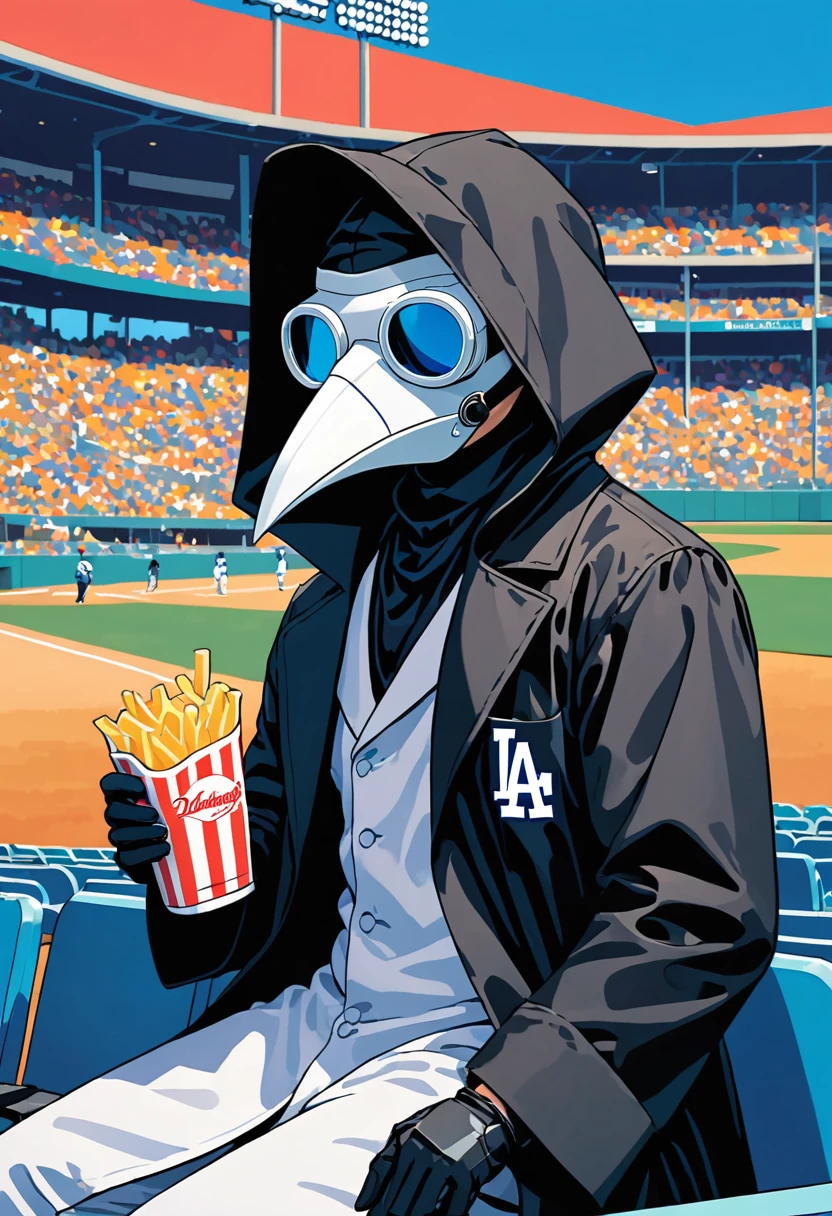 (masterpiece, best quality:1.1), (ultra highres, ultra-detailed:1.2),pop-art style,flatcolor, ((he is sitting and eating french fries)),,(in baseball stadium,Audience seats), BREAK chibi-boy,(male Mad-scientist),(wearing plague-doctor costume,white beak-mask),cool posing,eyes glow blue,black hood,black lab-coat, mecha arm,great joy,los angeles dodgers