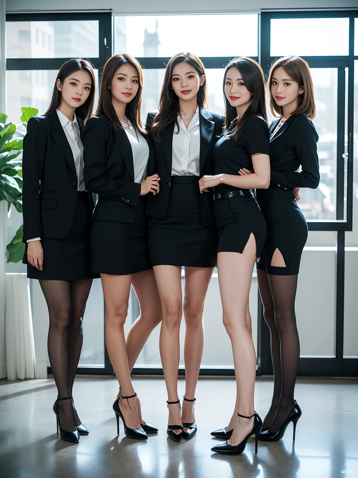 (Highest quality, masterpiece, Photorealistic, Super detailed, Ultra-high resolution, born:1.3), (Three Girls:1.3), beautiful, Japanese, mature, 28 years old, office workers, (Close bonds, Short skirt),(stockings),(smile), (bangs), high waist, necklace, (office, indoor, Glass Room), (Long legs, High heels, whole body:1.2),  (crowd)