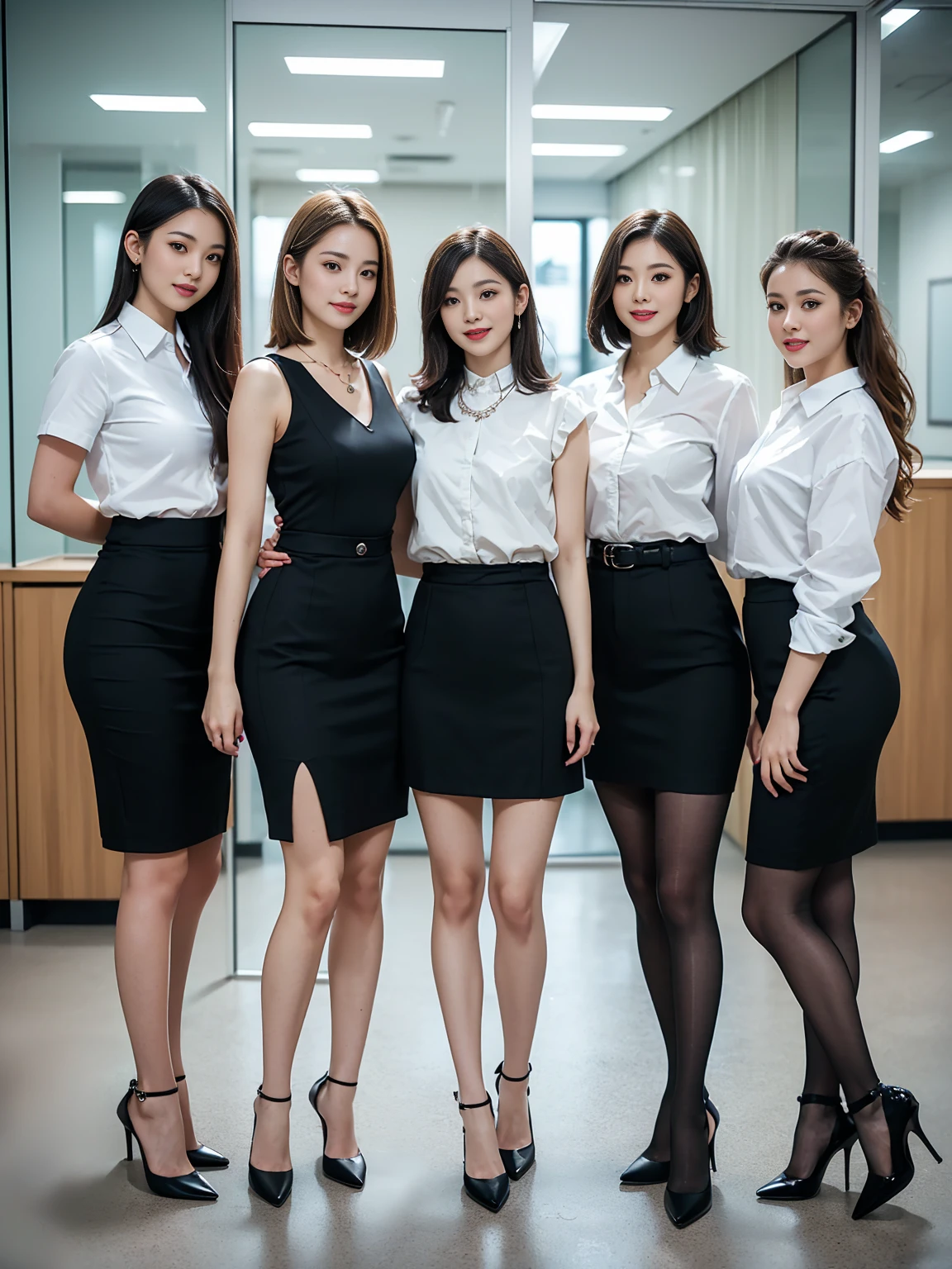 (Highest quality, masterpiece, Photorealistic, Super detailed, Ultra-high resolution, born:1.3), (Three Girls:1.3), beautiful, Japanese, mature, 28 years old, office workers, (Close bonds, Short skirt),(stockings),(smile), (bangs), high waist, necklace, (office, indoor, Glass Room), (Long legs, High heels, whole body:1.2), (crowd)