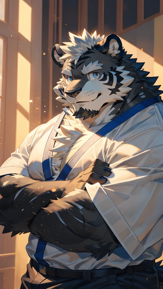 alone, ((fluffy fur, fluffy, hairy body)), detailed fluffy fur, Detailed face, delicate Eye, cool poses, (super detailed), sharp focus, genji, Eye, hairy, (Gray black fur:1.5), White beard, human nature (black tiger), male, middle aged, white belly,Have chest muscles, (((muscular))), (endomorph body type:0.2), rest (( clothes,helmet cloth)), ultra Detailed face, high detail, high quality, (best quality,4K,8k,High resolution,masterpiece:1.2), (close up:1.3), author:Takemoto Arashi, By Kulplant, author:ghost of emptiness, From raccoon21, dynamic lighting, Smile, (whole body:1.4), looking at the audience, eternal, close up portrait, indoorHigh resolution, Detailed hands,look at the camera,crossed arm, chilling,10'5 tall,buffed