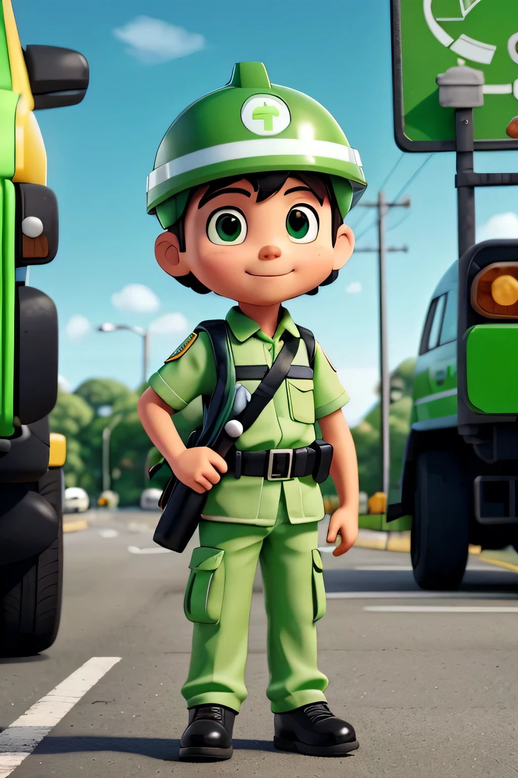 name: Traffic Guardian Appearance: A little traffic police officer in a green and white uniform, safety helmet, holding a sign "Pare" In one hand. add this Personality board: friendly, caring, and always alert to teach traffic rules in a fun way.