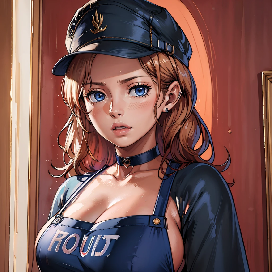 (best quality,highres),(realistic:1.37),(portrait),(studio lighting), ,solo mature woman,curvy, giant breasts, giant ass,straight strawberry blonde hair, dusty blue eyes,full lips, seductive, choker, painter's apron,painter's hat