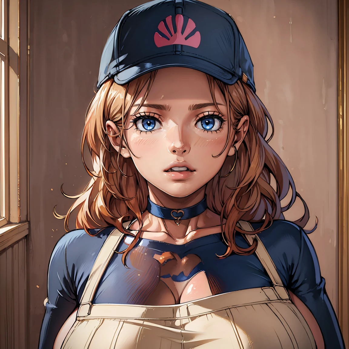 (best quality,highres),(realistic:1.37),(portrait),(studio lighting), ,solo mature woman,curvy, giant breasts, giant ass,straight strawberry blonde hair, dusty blue eyes,full lips, seductive, choker, painter's apron,painter's hat