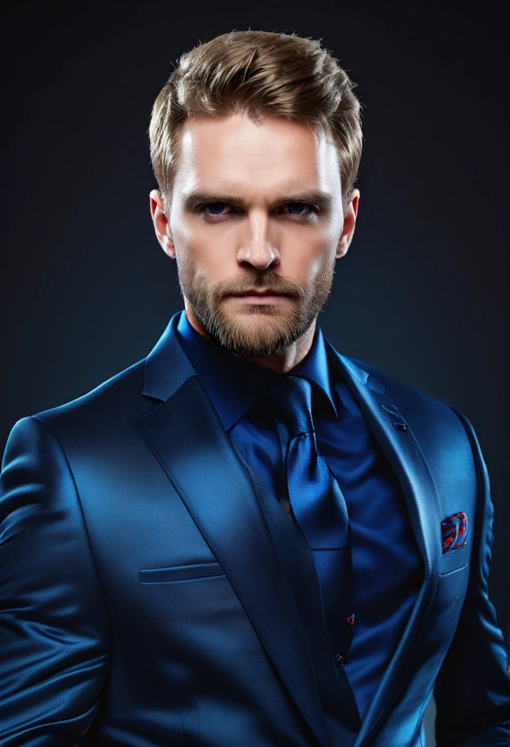 wearing a brigth suit with bright blue shirt, red tie, low color saturation, bright color, elegant, stylish, classic portrait, detailed clothing, high quality, cinematic lighting, 8k, photorealistic