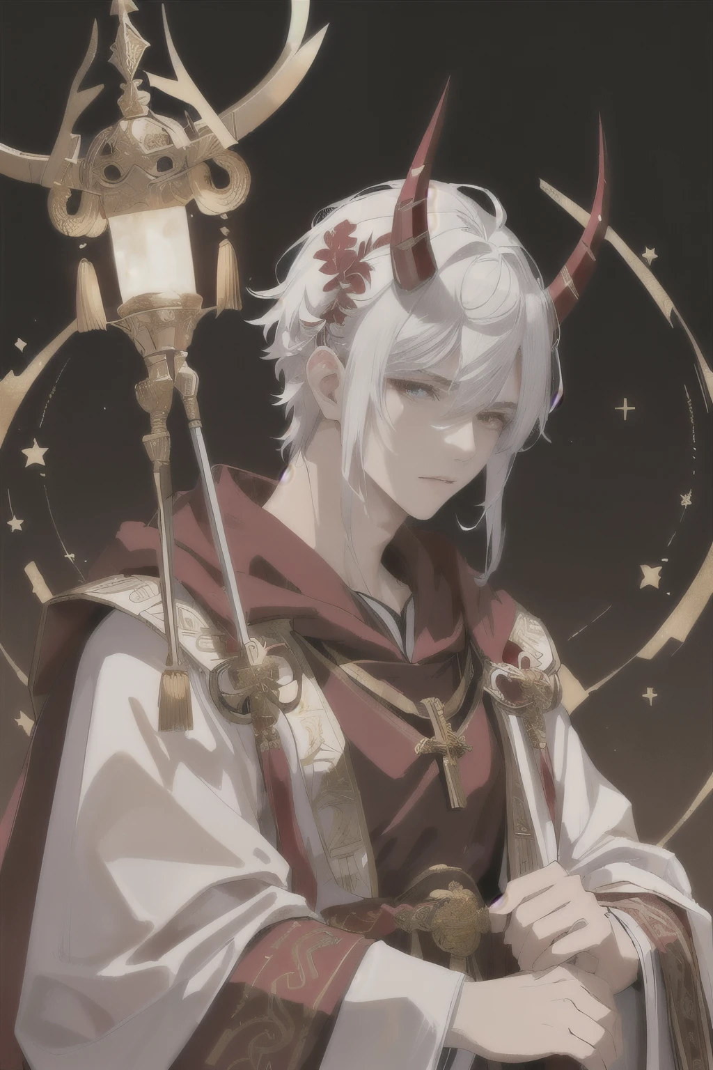 nkt, 1boy, gold,masterpiece, best quality, man with horns on his head, fit male demon with white horns, oni horns, with horns, red skin, towerring above you, (((from below)))