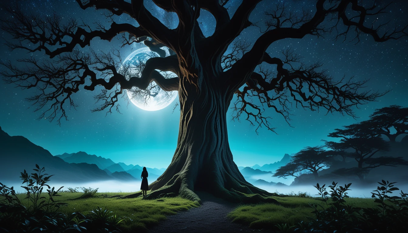 (Standing,Lonely,Mysterious ancient tree,Starry Sky,Unique lighting),(Highest quality,4K,8k,High resolution,masterpiece:1.2),Very detailed,(Realistic,photoRealistic,photo-Realistic:1.37),figure,Gorgeous branches,Complex bark,Dark silhouette of a tree,A glowing sphere floating around a tree,The soft moonlight illuminates the scene.,Magical atmosphere,Mysterious glow,Faint fog in the background,Distant Mountain々,Animal silhouettes in the shadows,Dark tree々Vibrant colors that contrast with,Deep Peace,Awe-inspiring views,Captivating natural beauty,sublime scenery,Otherworldly Beings,A sense of mystery and wonder,Ancient wisdom,Breathtaking composition,Dreamlike quality,Picturesque landscapes,Detail capturing leaves and leaf texture,A timeless aura,Fairytale atmosphere,A beautiful sight to remember,Surreal elements blended with reality,A dramatic perspective that draws attention to the tree,Impressive scale and grandeur,The whisper of the wind echoing through the branches.