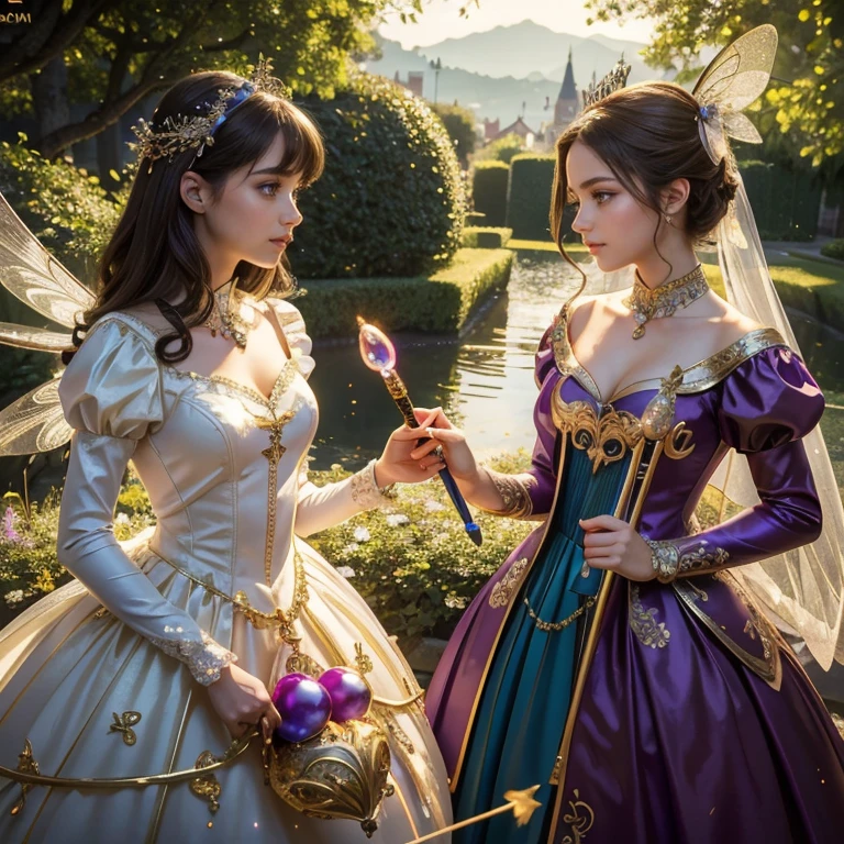(masterpiece, best quality:1.5), highest quality, High resolution, super detailed, Realists, Upper body photo of a brunette sorceress, detailed and beautiful eyes, beautiful detailed lips, very detailed eyes and face, longeyelashes, shiny satin dress, Holding a magic wand in your hand, Cast a transformation spell, The wasps turn into colorful balloons, Glowing wands available,Beautiful and colorful makeup, elegant and noble々The jewelry bag, Gardens as background, soft daylight, bright colors, fine brushstrokes, Portrait style, Silk dress fabric, beautiful color palette, glowing skin, First-class rendering, that captures every detail, enchanting atmosphere, subtle shadows and lights, (perfect anatomy:1.2), (The two stunning sorceresses transform wasps into colorful balloons. (a transformation with the magic wand:1.4), (magnificent panorama view:1.2)
