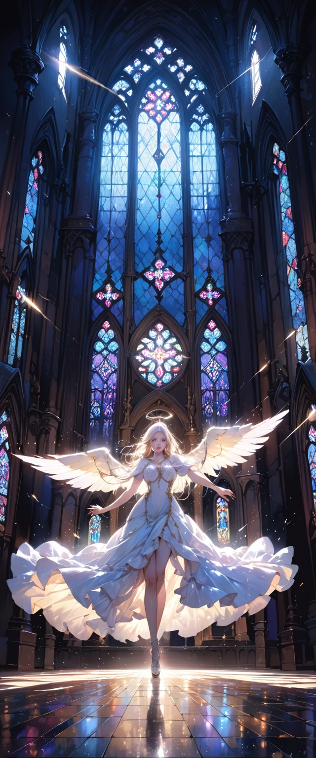 (RAW Photos:1.2)、(Realistic:1.4)、(masterpiece:1.3)、(Highest quality:1.4)、Huge stained glass、Huge Gothic church、(A beautiful angel dances like a god:1.3)、Very shining、illumination、The light shines、Particles of light、