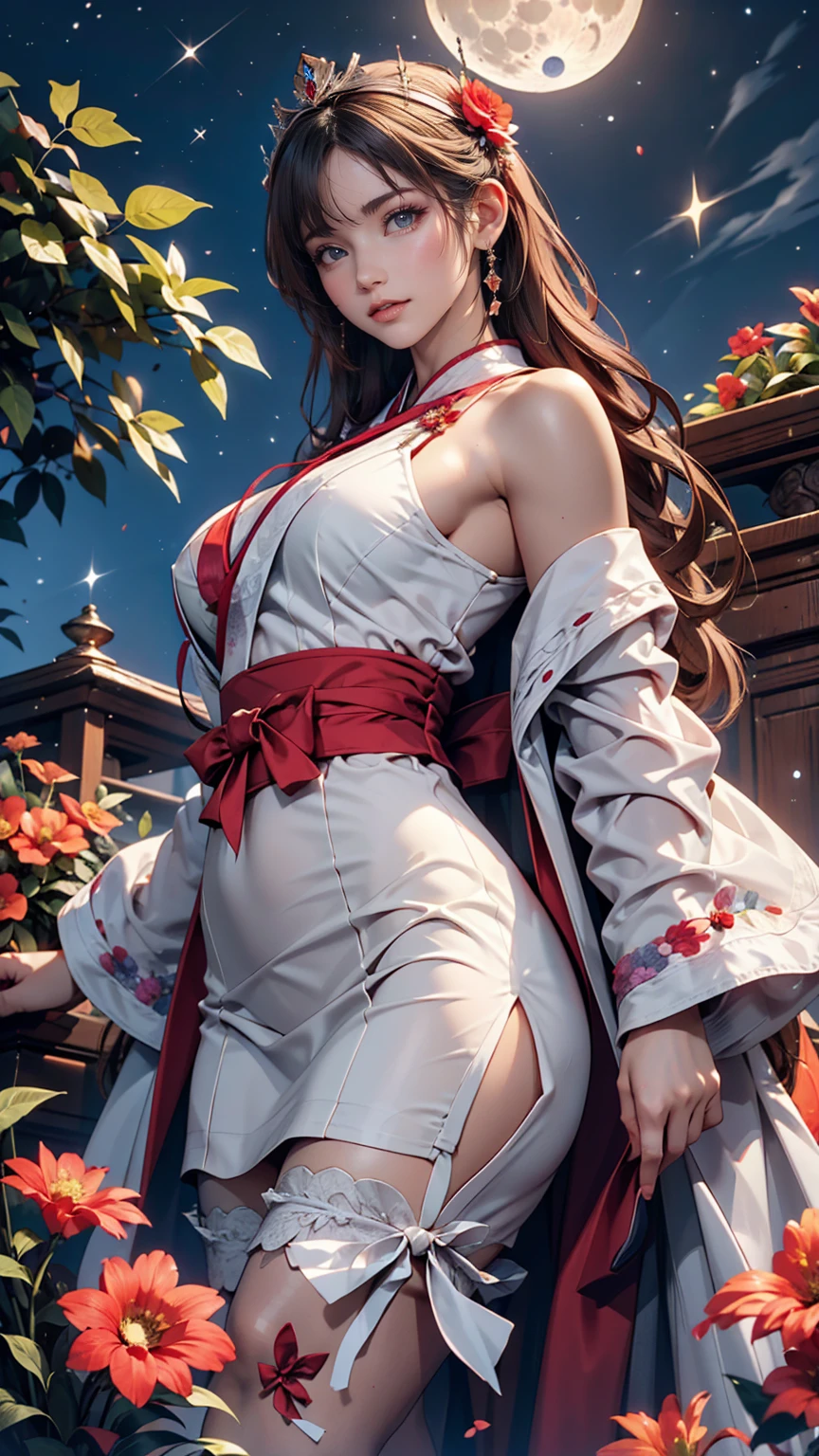 Highest quality, expensive_solve, clear_image, Detailed Background ,girl, Hanbok,flower,garden,moon, night,Dutch Angle, Wide Shot, Crown, 、24-year-old woman、Sexy proportions、Narrow waist、Erotic female body
