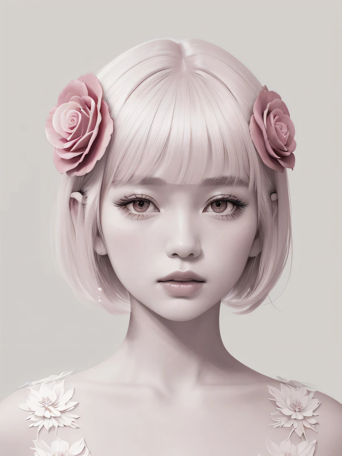 Ink Painting,Mizuimo style,One girl, alone, flower, short hair, hair ornaments, hair flower, Rose, Monochrome, parted lips, Simple Background, Pink Background, Portraiture, lips, eyelash, face, white Rose, bangs, white flower, masterpiece, highest quality,