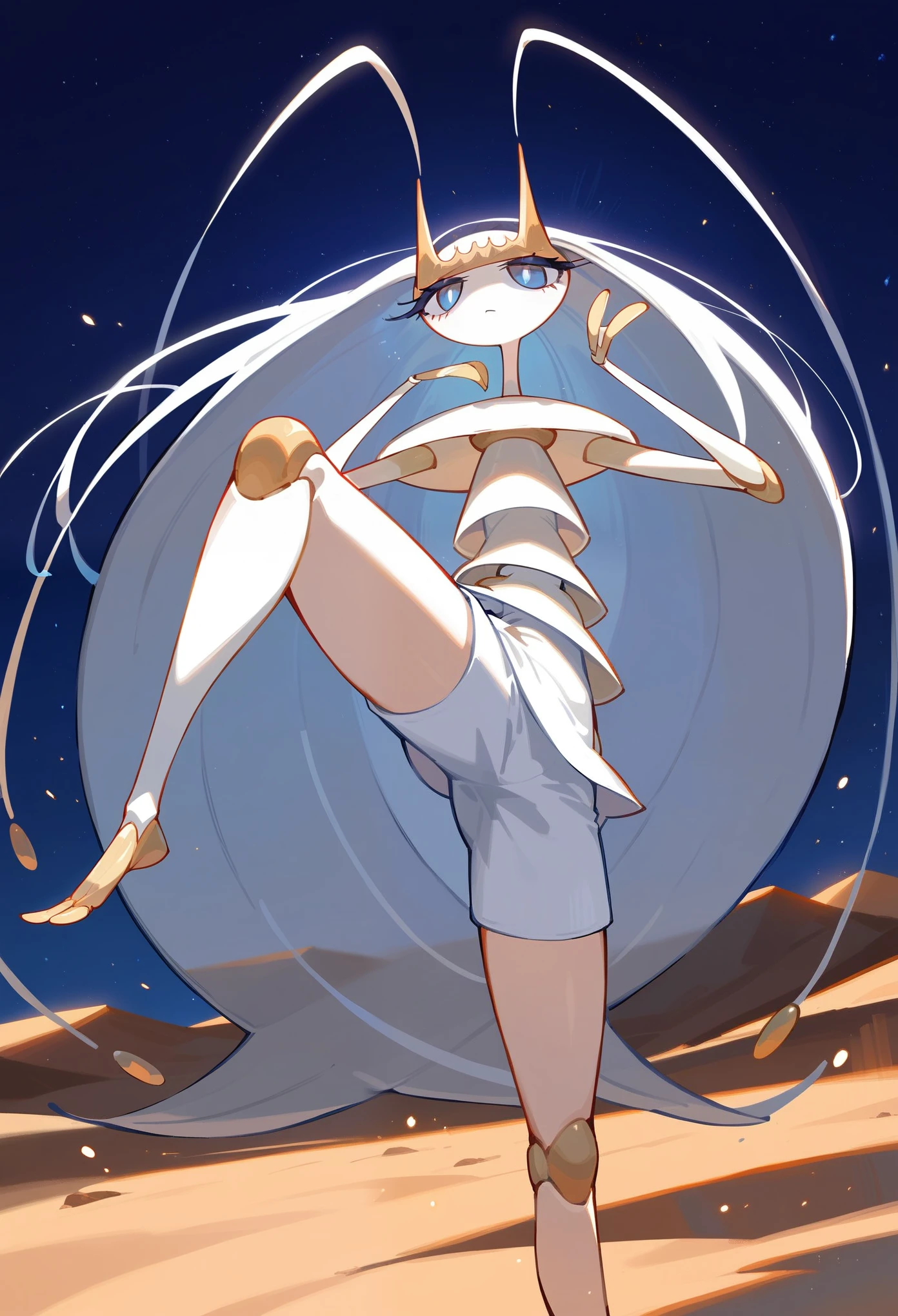 pheromosa,best quality,beautiful,pokemon,{Look at viewers},(Clear eyes),
((Roundhouse kick:1.3)),(action),(night desert),2 fingers,(Thin toes),(overlooking:1.3),(blue light particle),spin blur,