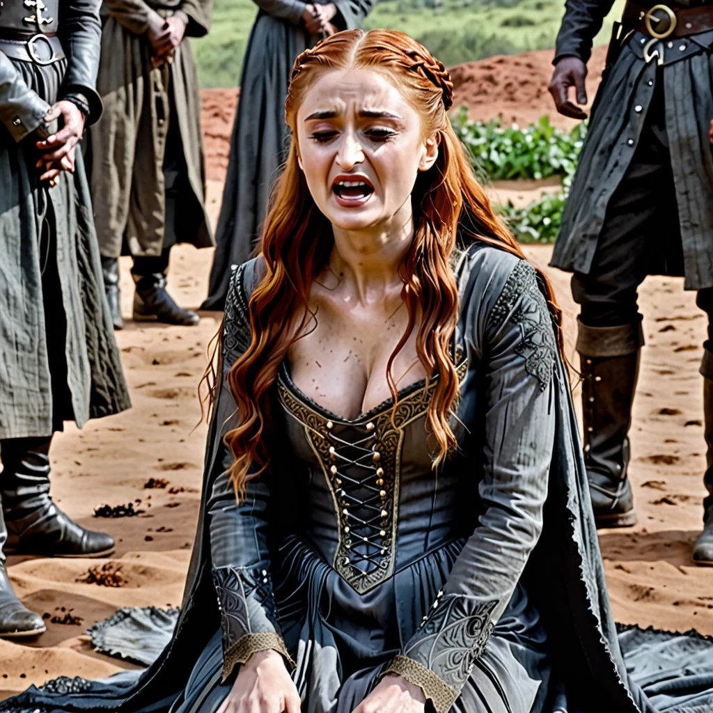 Undead Sansa Stark on her knees, forced oral sex, (oral rape:1.3), Sexual violence, hand on her head, holds her by the hair, (traces of beatings on her body:1.2), torn clothes, Sexual slavery, hellish torment