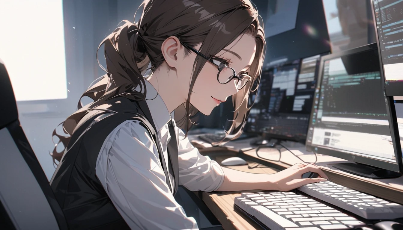 パソコンで仕事をするProfessionalグラマー,Portraiture,Professional,Wearing a smart suit,Stylish glasses,Typing on a sophisticated computer,Use a wireless mouse,Sitting at a modern desk,A soft smile,Soft natural light,High resolution,High resolution,Very detailed.One Woman ,alone, Dark brown hair ,Undistorted keyboard, focusing