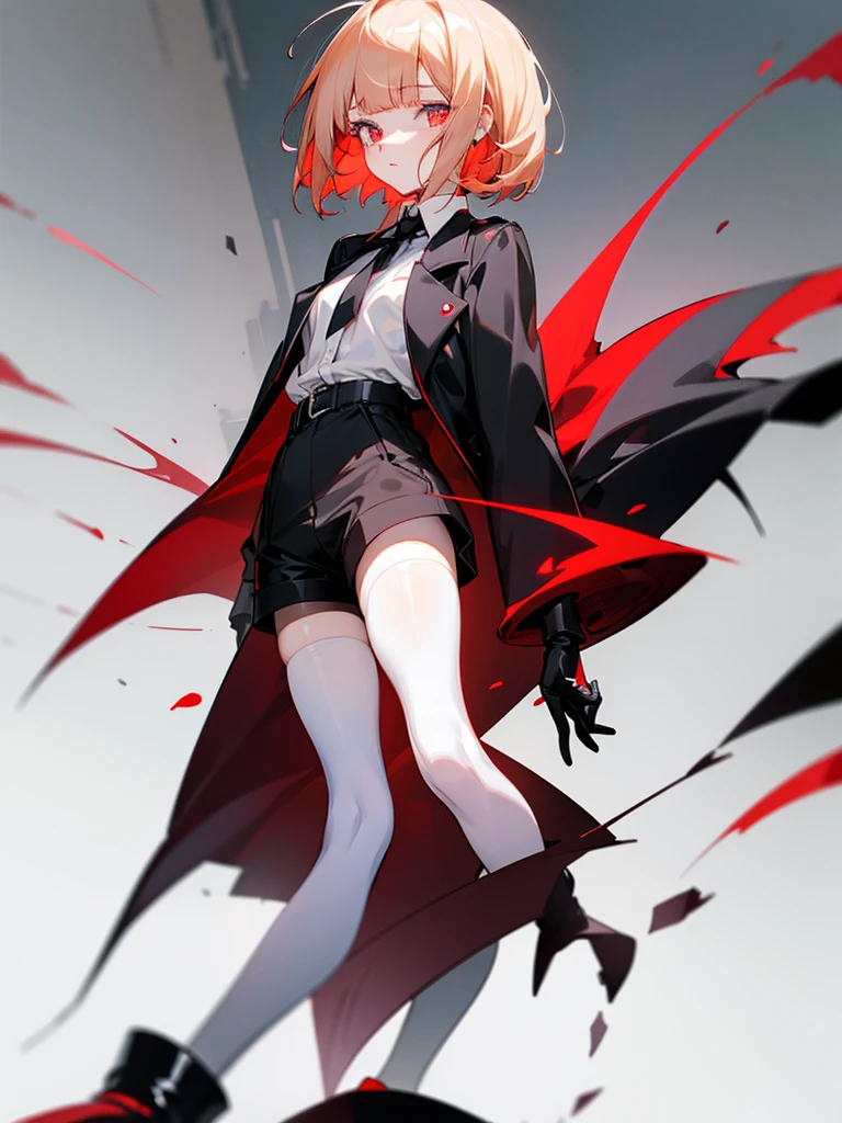 Anime girl, crimson eyes, (short pale blond hair), one-sided fringe, messy sharp fringe. Long black jacket, white collared shirt, black shorts. White thigh-high stockings, black ankle boots, heeled boots, black gloves. Standing.