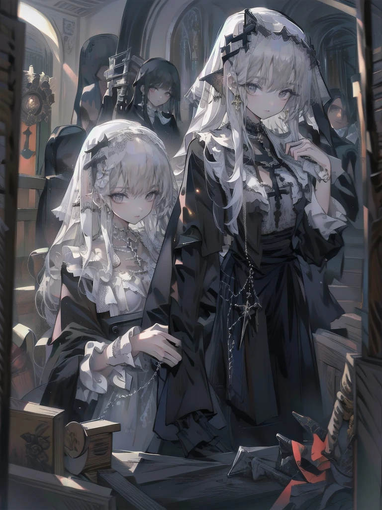  sweet smile, (masterpiece:1), One girl, alone, Realistic, ((Cinema Lighting)), Official Art, unity 8k wallpaper, Super detailed, beautiful and aesthetic, high quality, beautiful, 最high quality, ((Occult symbols)), Esoteric, holy, Nuns, A 40-year-old mature woman wearing a black translucent veil and blindfold mask, (smile: 0.8), Thin and slim, Long white hair, Black Lips, Perfect hands, Perfect Fingers, Straight hair, choker, (Black clothes), armor, ((Cassock)), Capelet, Elbow hand pockets, ~ side, whole body (From below, Dutch_angle: 1.1), Dutch angle, Gothic Cemetery, Horror, dark_Fantasy, dark souls, Firefighter, clergyman, grave clergyman, Dungeons＆Dragons