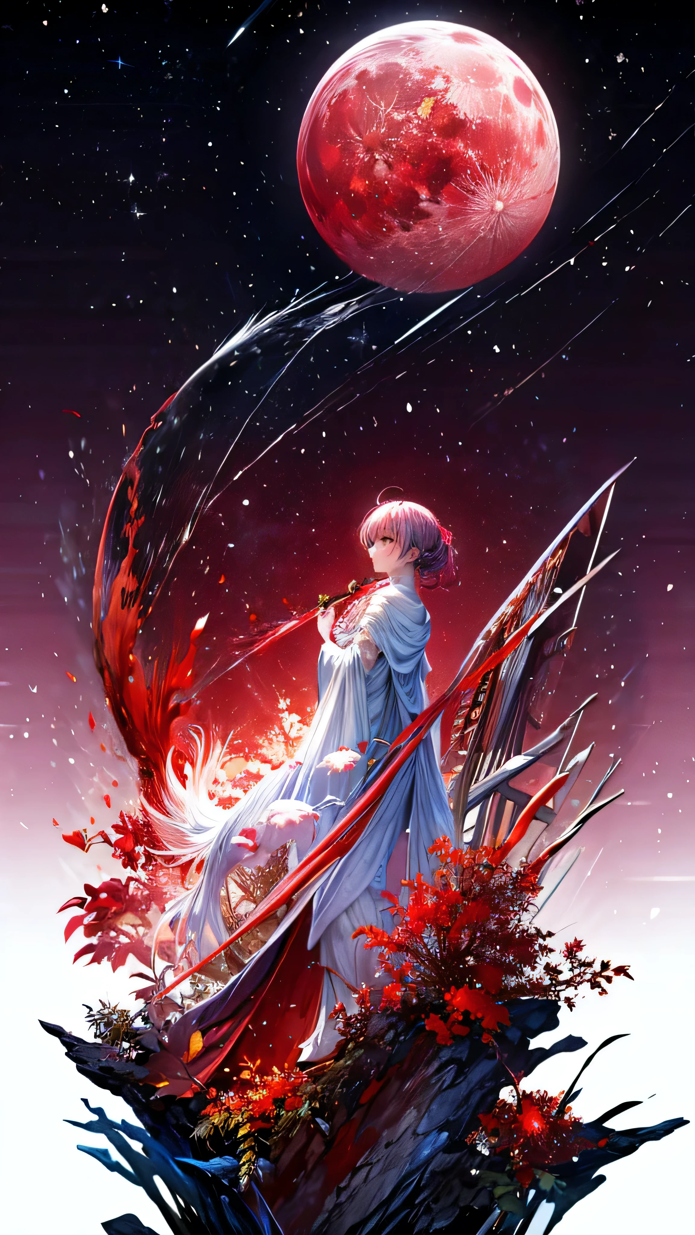 there are Rose on a branch in front of a full moon, พื้นหลังดอกRose, แสงอันนุ่มนวลของดอกRoseอันแสนเศร้า, Blood Moon Background, Pink Moon, Background Artwork, Crimson Moon Details, low posture. Digital Painting, Rose, a Digital Painting, Heavenly red flower scent, Greed and failure, On the Moon, abstract smokey Rose, in style of Digital Painting, Background Art