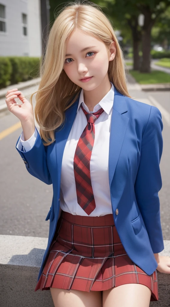 masutepiece,Best Quality,Ultra-detailed,finely detail,hight resolution,in 8K,((Photorealsitic:1.4,Raw photography,超A high resolution,Top image quality:1.4)),masutepiece、Best Quality、 ultra-detailliert、hight resolution、8K Wallpapers、Perfect dynamic composition,、Beautiful detailed eyes、(Beautiful breasts:1.1) 、Blue Blazer、student clothes、white shirt、red necktie、Plaid brown skirt、1girl in、a beauty girl、High school students、Blonde head hair、(a blond)short-cut、Hide your left eye with hair、Red Eyes、ssmile