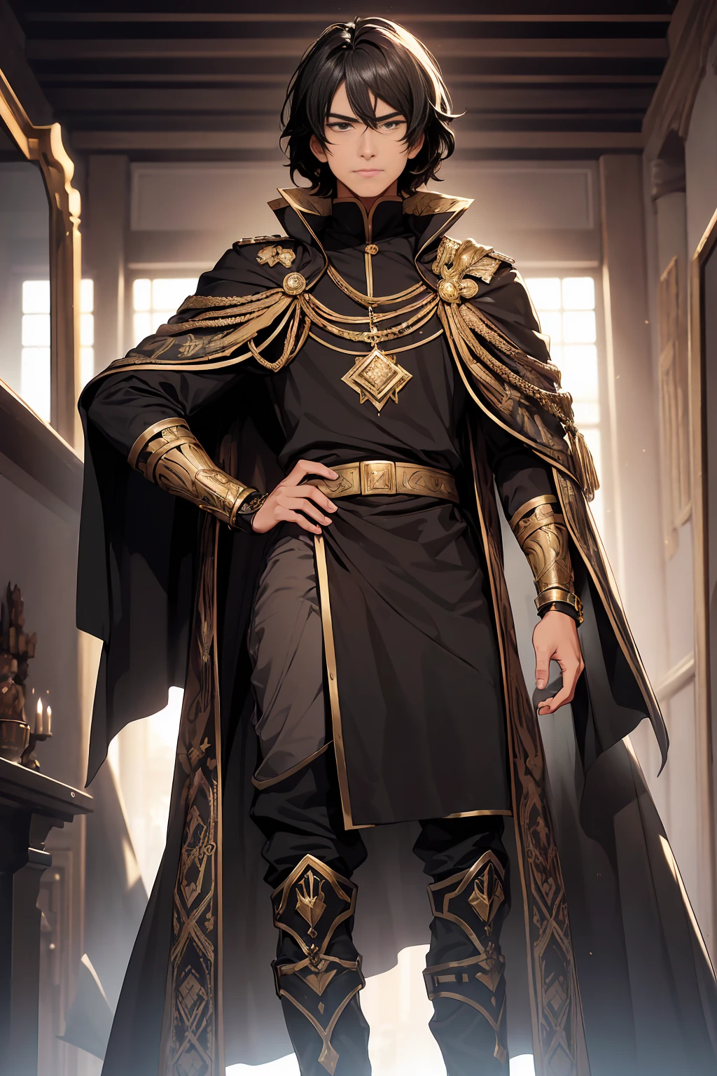 (Young teenage male boy male body),(-yeld yo appearance:1.5), (16-year-o teer:1. (16-year-old young enaappeace:2.0), 16-year-old male, 1.80 mete ta withark brown skin:1, 5) and (warm tone:1.5), reflecting her Afro-descendant heritage with a slight touch of mixed-race characteristics. He has (short, tightly curled black hair), neatly styled to highlight his youthful yet imposing presence. His (facial structure) includes a (wide nose), (full lips) and a (strong chin), giving him the appearance of a typical Brazilian teenager, but with a more majestic and confident air. His (deep brown eyes) express a mixture of (arrogance, self-confidence) and a hint of (mischief). (Expression and Posture): He has a (smiling expression), conveying his (self-centered and smug nature), while his (body language) is (relaxed , but commander) . He stands with (shoulders back), exuding an aura of (arrogance, superiority) and (real confidence). (Clothes): He is dressed in a (8th century emperor costume), featuring a (shiny black cape) that flows elegantly behind him, reflecting the light with a (subtle shine). His main attire is a (black cloak with intricate gray patterns), accented with (gold details) that symbolize his high status. The cloak fits perfectly to his (average body), emphasizing his (young but authoritative presence). Her boots are (black with gray tones), accented with (gold trim), reaching just below her knees, further enhancing her (imperial look)