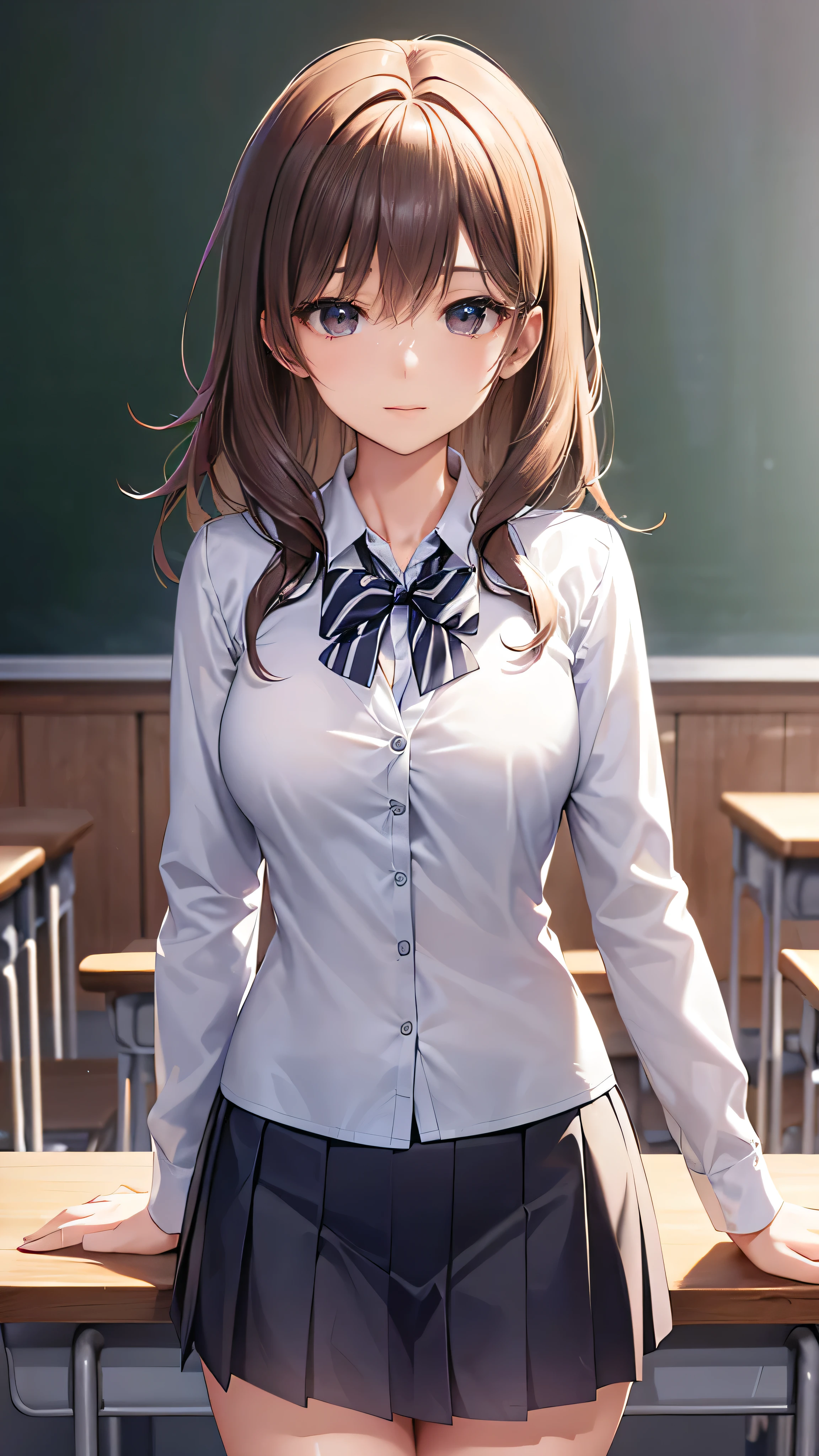 Teenage girl, 22 years old, school uniform similar to a black suit with yellowish edges, black skirt, white skin not pale, thin, brown eye irises, brown hair tied in a ponytail that extends to her shoulder blades on the back of her head , straight bangs, friendly facial expression, native to America, face and hair similar to the character Monika from the game Doki Doki literature club, image showing the top of the head to the end of the waist, ultra detailed, interior landscape of the classroom