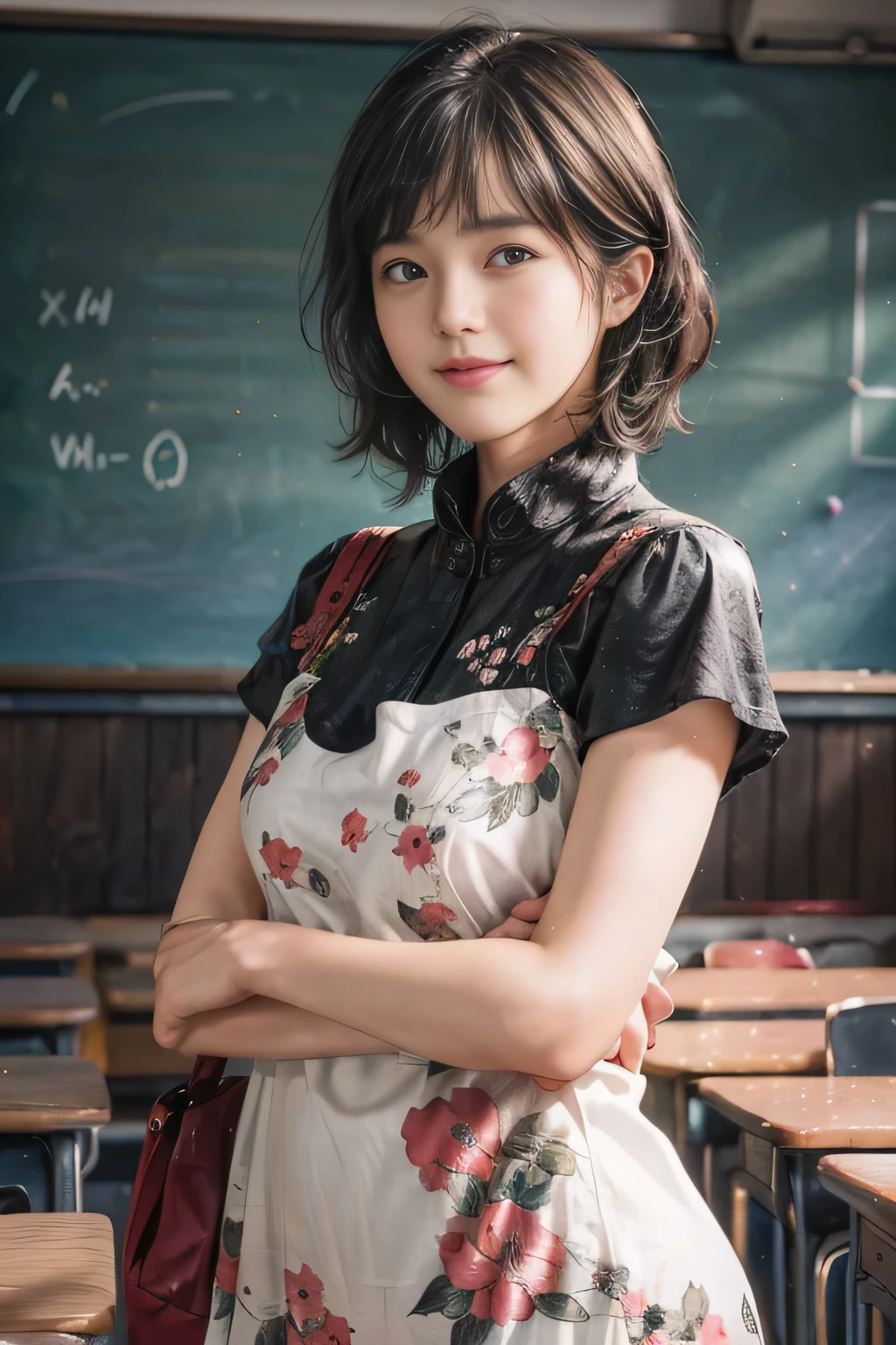 (Black Shorthair:1.5),  (a 20 yo woman), (T-shirt design), (Floral clothing), (Breast bulge),((Being in a physics classroom)),  (A hyper-realistic), (Relaxed), (Increased resolution), (8KUHD), (Extremely detailed), (Best Illustration), (Beautiful and detailed eyes), (Best Quality), (ultra-detailliert), (masutepiece ), ( Wallpaper), (Detailed face), Fine details,  Deep Shadows, lowkey,  Smiling,  (There is a photo of Einstein), (There are a lot of photos of physicists), (Solving the chalkboard formula), Standing in front of the blackboard