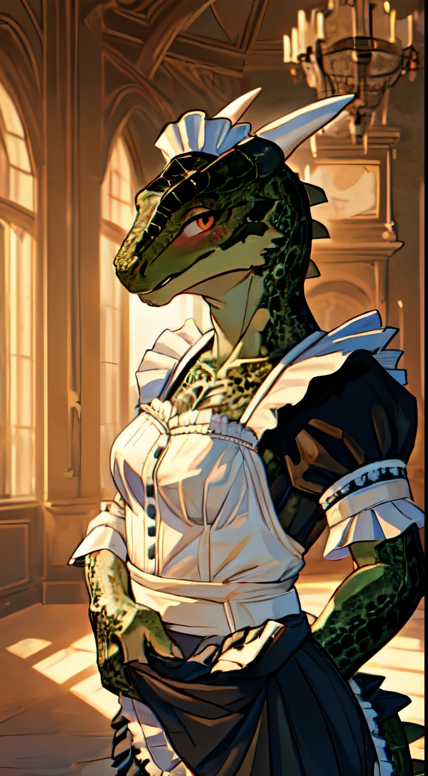 anime, hdr, soft light, ((best quality)), ((masterpiece)), (detailed), lustyargonian, maid, colored skin, green skin, maid headdress, tail, horns, (scales:1.2), (snout, animal nose:1.1), blush, embarrassed, (looking at viewer:1.1), cowboy shot,  (sexy Seductive pose:1.5), ((undressing, up skirt:1.5)), mansion, (nsfw:0.35)