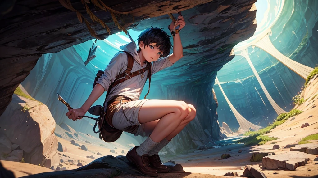 A boy with a compass and a map enters a cave that looks like a vagina with a clitoris