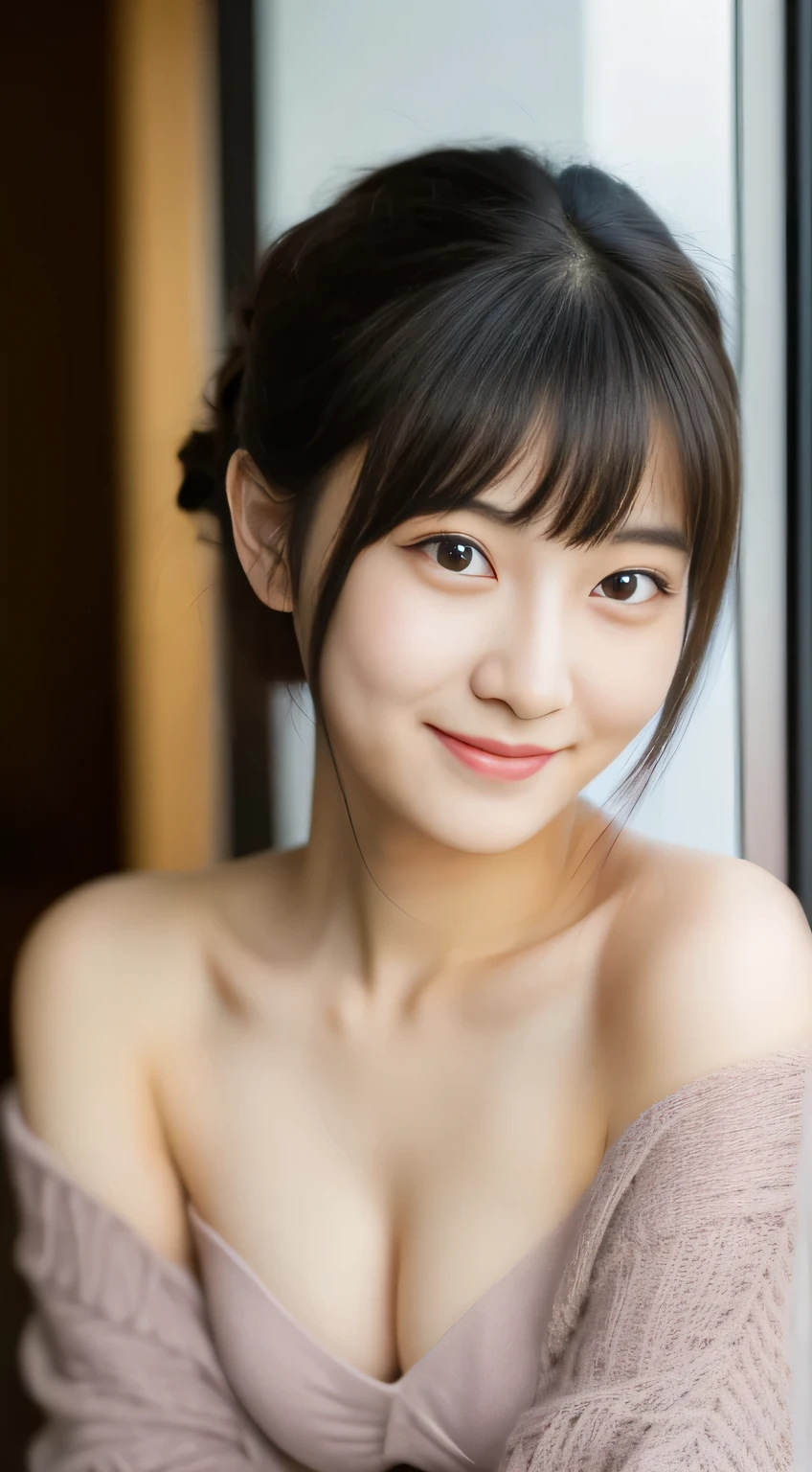 masterpiece,best quality,(Japanese girl),((Beautiful girl)),cleavage,(off shoulder:1.2),(perfect body beauty:1.2),(shy smile),from above