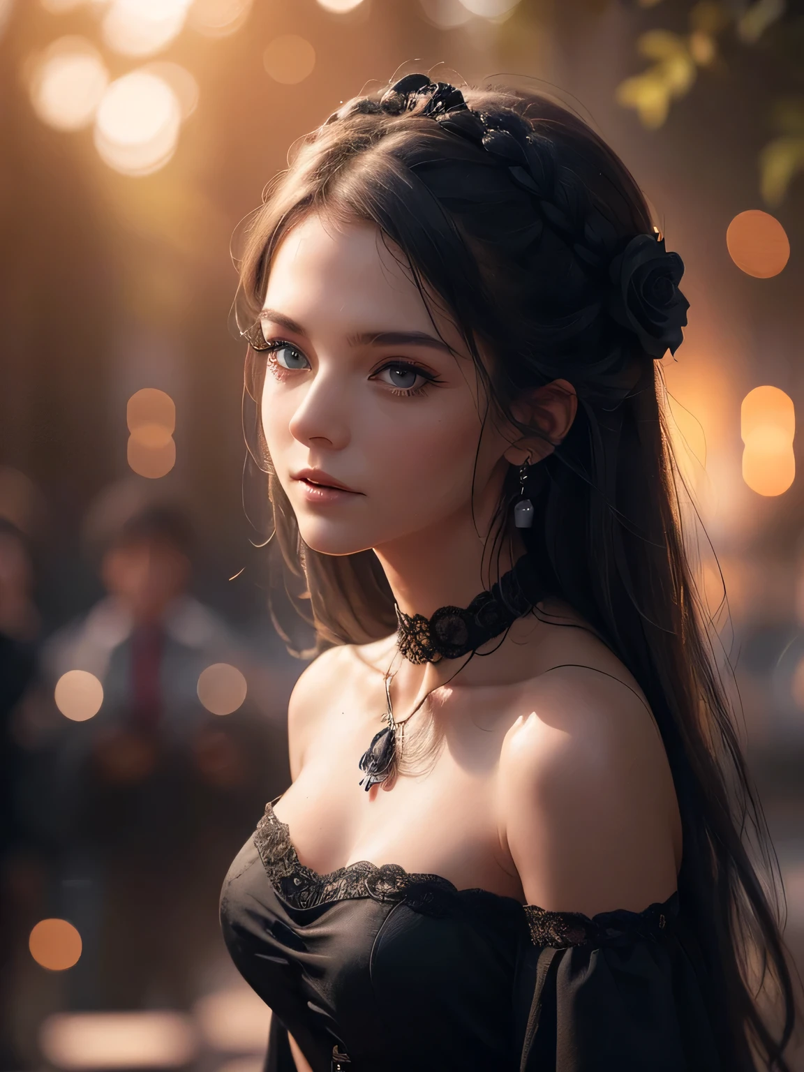 (masterpiece,top quality,realistic), (Upper body close up), cute lady, Girl in black victorian dress, beautiful black dress, detailed dress, off shoulder,(robes,skull trinkets,black roses,skull print), green diamond eyes, various wavy hairstyle, makeup:0.5, lace neck, (earing,neckleace), snow rain forest background, intricate detailed , (highly detailed skin,face,eyes), delicate eyes, ultra hi-res photo, cinematic lighting, 8k, 4k, twilight lights in the scene, diffuse background,