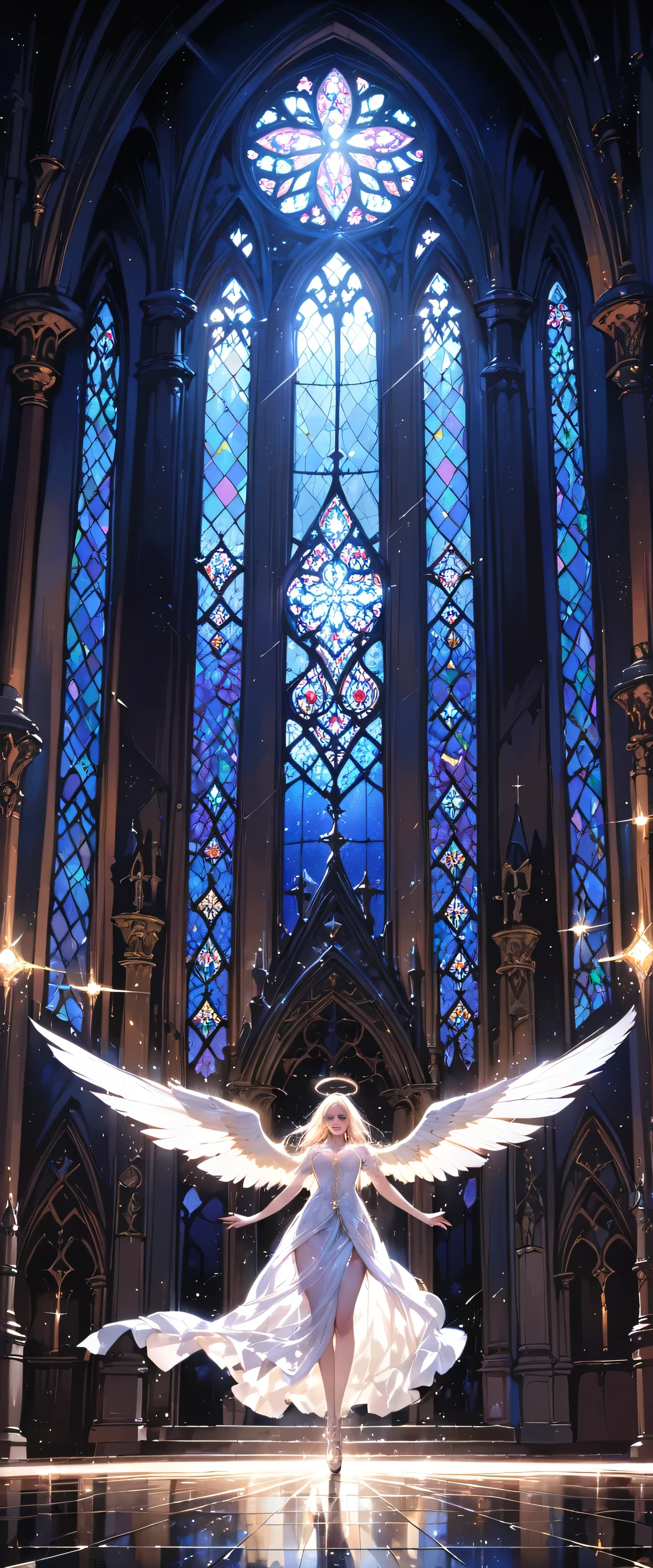 (RAW Photos:1.2)、(Realistic:1.4)、(masterpiece:1.3)、(Highest quality:1.4)、Huge stained glass、Huge Gothic church、(A beautiful angel dances like a god:1.3)、Very shining、illumination、The light shines、Particles of light、