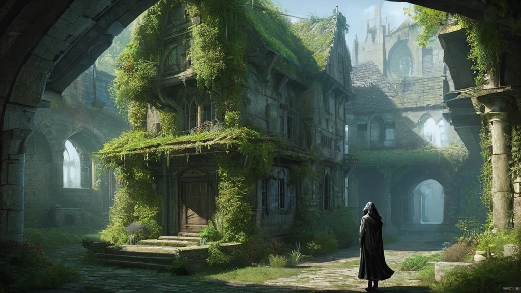 Nestled in a shadowed corner of a crumbling medieval city, hidden between towering, decrepit buildings, stands a small, weathered house. Its crooked timbers and sagging roof hint at the weight of years, while ivy and creeping moss cling to its stone facade. The narrow, uneven path leading to the front door is barely visible, swallowed by overgrown weeds and the detritus of the city’s decay.
Inside, the dim glow of a single candle flickers from a wooden table, casting long, erratic shadows across the cramped, cluttered interior. The room is filled with an assortment of oddities—jars of strange herbs and vials of murky liquid line the shelves, while ancient, dusty tomes are piled haphazardly in every corner. The air is thick with the pungent aroma of dried herbs and the faint, unsettling scent of something unknown.
Seated at the table, an old lady, her frail frame draped in a tattered cloak, is bent over an open book. Her gnarled fingers, stained with the remnants of her craft, move with surprising dexterity as she inscribes mysterious runes on a piece of parchment. Her face, lined with age and wisdom, is partially obscured by a tattered hood, but her sharp, discerning eyes gleam with a hidden knowledge.
The house creaks and groans with every gust of wind that howls through the narrow streets outside. The occasional flicker of candlelight illuminates strange symbols etched into the walls and an array of esoteric objects that hint at the old lady’s enigmatic pursuits. In this dark, medieval setting, the small house serves as a refuge for secrets and ancient magic, a solitary beacon of the arcane amidst the city's encroaching gloom.