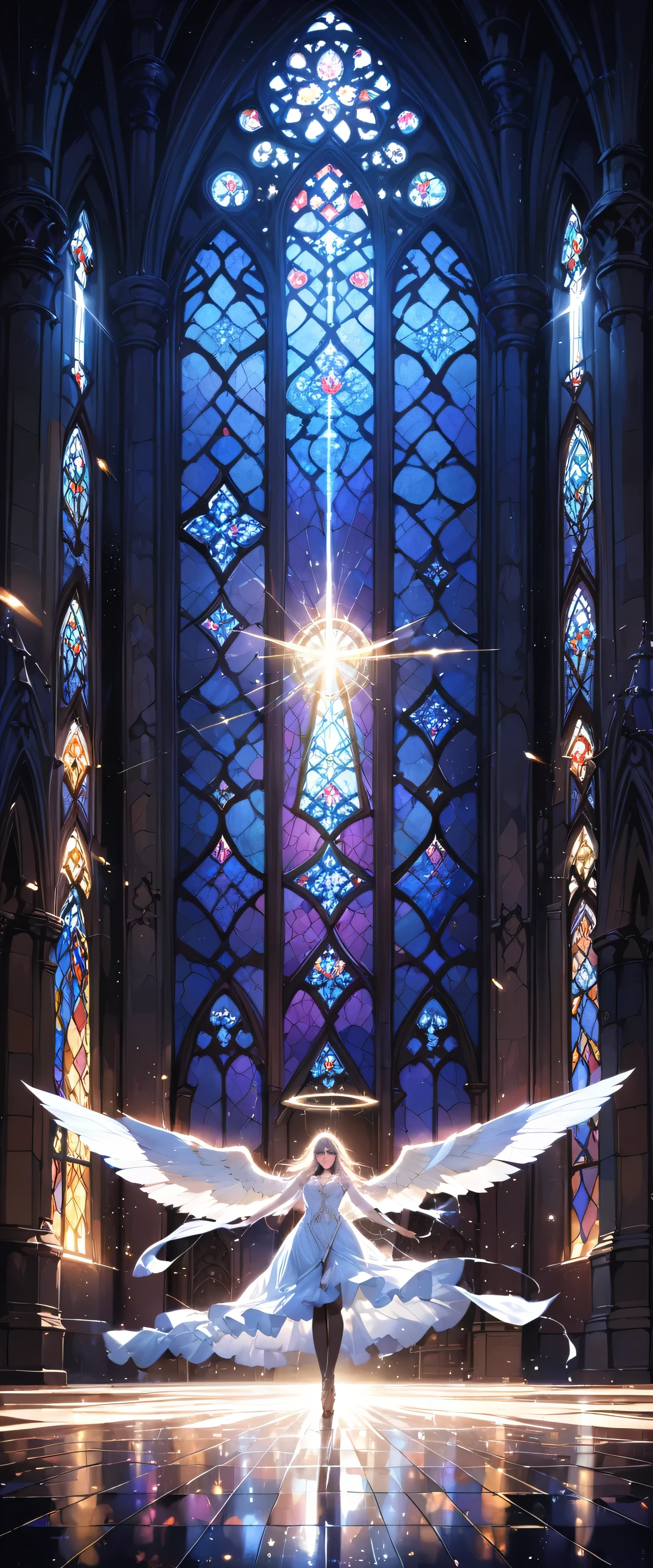 (RAW Photos:1.2)、(Realistic:1.4)、(masterpiece:1.3)、(Highest quality:1.4)、Huge stained glass、Huge Gothic church、(A beautiful angel dances like a god:1.3)、Very shining、illumination、The light shines、Particles of light、