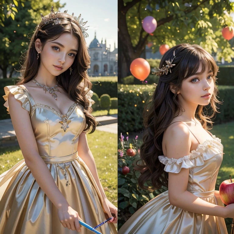 (​masterpiece, best quality:1.5), highest quality, High resolution, super detailed, Realists, Upper body photo of a brunette 14-year-old magical girl, detailed and beautiful eyes, beautiful detailed lips, very detailed eyes and face, longeyelashes, shiny satin dress, Holding a magic wand in your hand, Cast a transformation spell, Apples turn into balloons, Magic wands present and shiny, Beautiful and colorful makeup, elegant and noble々The jewelry bag, Gardens as background, soft daylight, bright colors, fine brushstrokes, Portrait style, Silk dress fabric, beautiful color palette, glowing skin, First-class rendering, that captures every detail, enchanting atmosphere, subtle shadows and lights, (perfect anatomy:1.2), (The two stunning 14 and 12 year old magical girls turn apples into balloons. (a transformation with the magic wand:1.4), (magnificent panorama view:1.2)