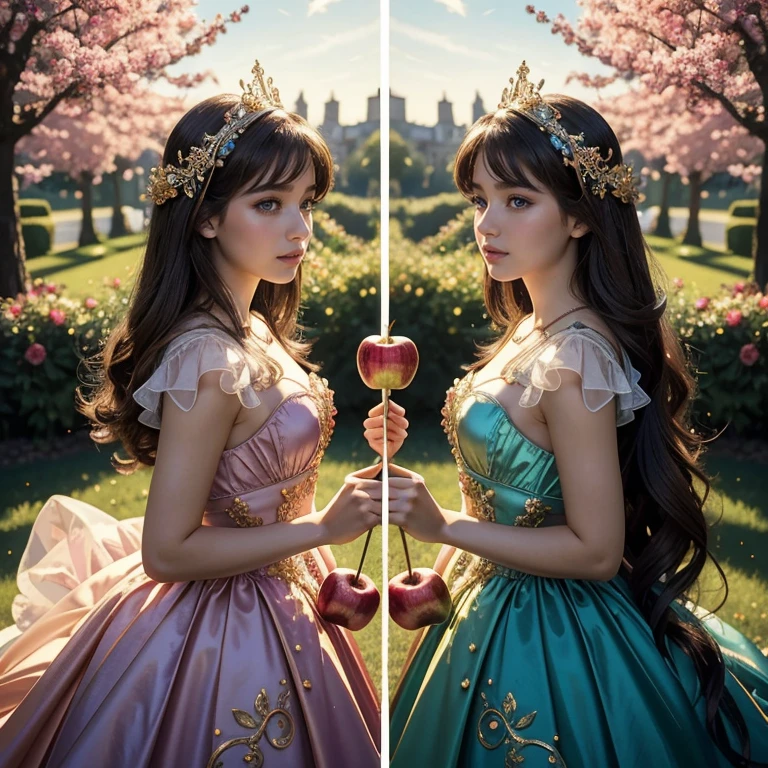(​masterpiece, best quality:1.5), highest quality, High resolution, super detailed, Realists, Upper body photo of a brunette 14-year-old magical girl, detailed and beautiful eyes, beautiful detailed lips, very detailed eyes and face, longeyelashes, shiny satin dress, Holding a magic wand in your hand, Cast a transformation spell, Apples turn into balloons, Magic wands present and shiny, Beautiful and colorful makeup, elegant and noble々The jewelry bag, Gardens as background, soft daylight, bright colors, fine brushstrokes, Portrait style, Silk dress fabric, beautiful color palette, glowing skin, First-class rendering, that captures every detail, enchanting atmosphere, subtle shadows and lights, (perfect anatomy:1.2), (The two stunning 14 and 12 year old magical girls turn apples into balloons. (a transformation with the magic wand:1.4), (magnificent panorama view:1.2)