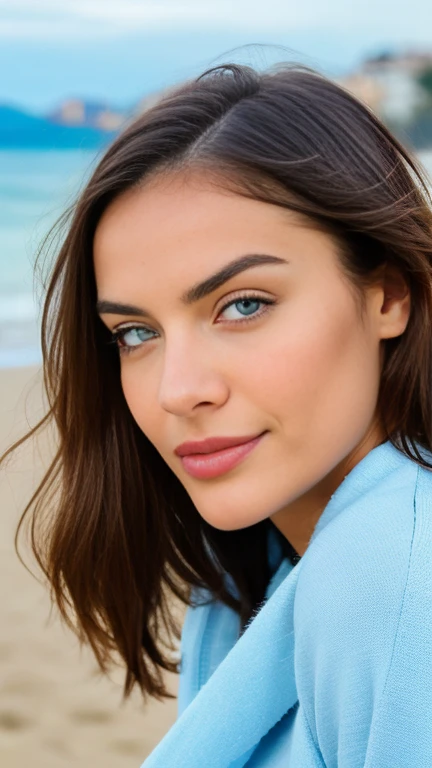 Very beautiful sexy latina, with sweater, light blue eyes, Very detailed, 29 years, skinny, innocent face, Alicante, playa, Blue sea, Naturally wavy hair, High resolution, artwork, Best Quality, High, intricate details, Very detailed, sharp focus, detailed skin, realistic skin texture, texture, detailed eyes, professional, 4k, charming smile, shot with cannon, 85mm, Slight depth of field, Kodak Color Vision, Body in perfect shape, extremely detailed, photographer_\( ultra\), photographerrealistic, realisitic, post processing, maximum details, roughness, real life, ultrarealistic, Photoorrealism, Photo, 8k high definition
