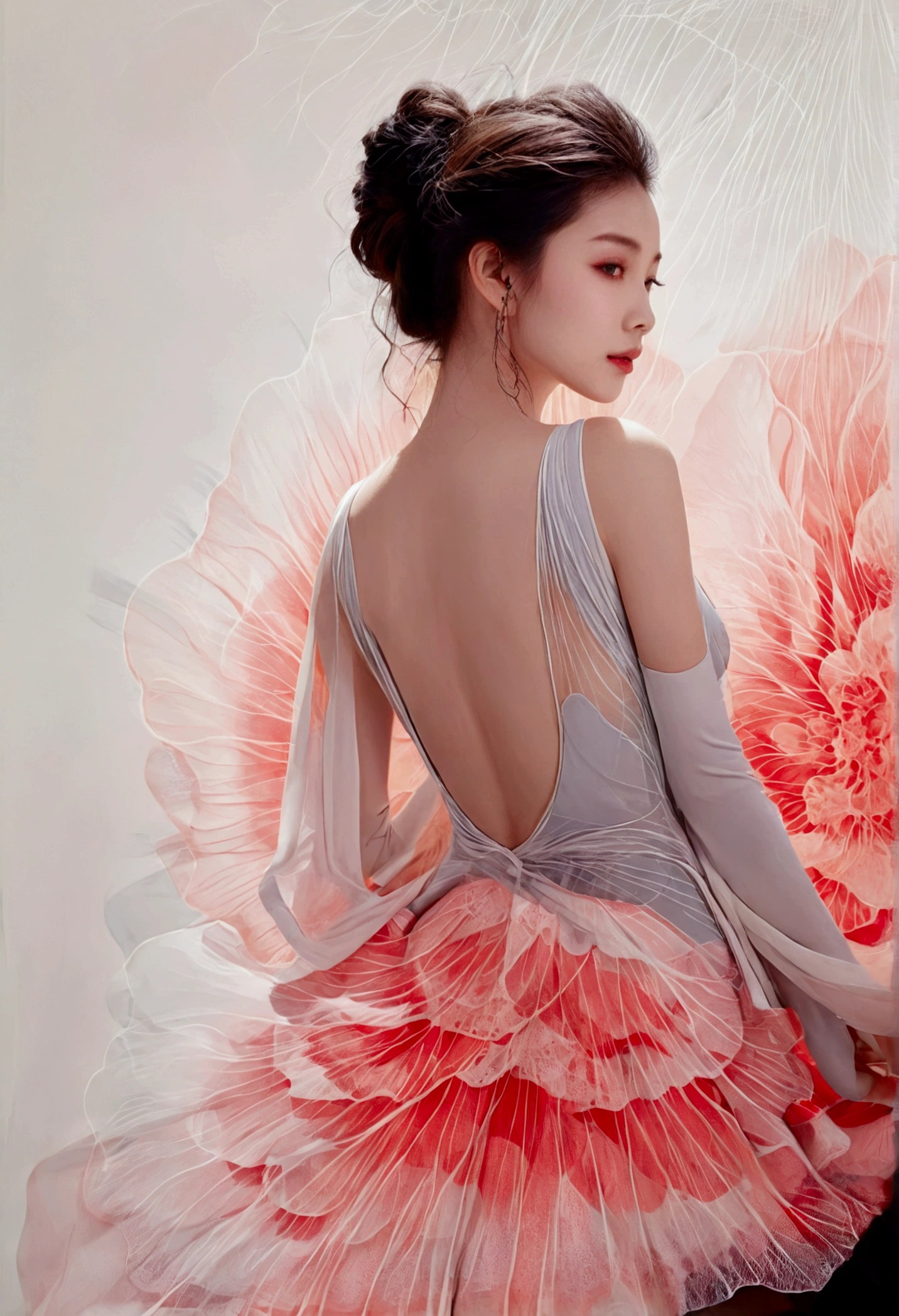 Chinese traditional ink body art style, (Use simple lines to outline the graceful figure of women),Beautiful back, undulating lines, Thick and thin lines, , Line Art, Black and White,figure,Line Art,Lyrical Abstraction, Fountain Pen Art,Gel Pen,crayon art,