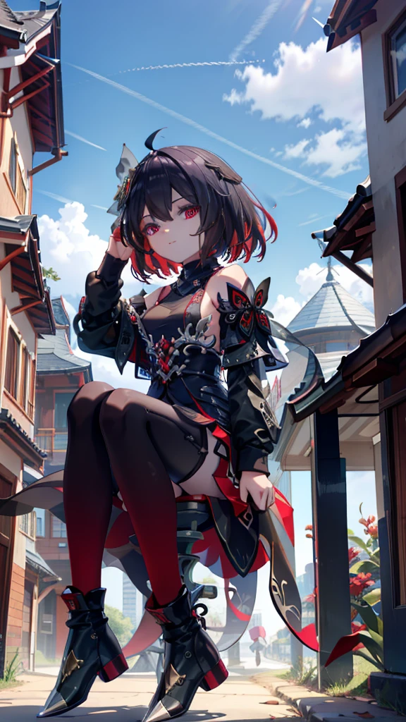 child，Clarity，high-definition，High Detail，Rich in details，transparent，纹理Clarity，beauty，grace，nature，Red eyes，long hair，Hoodie，Hair Bunch，Very long hair，starchams，Long boots，Black pantyhose，boost，starchasm,starchasm,starchasm