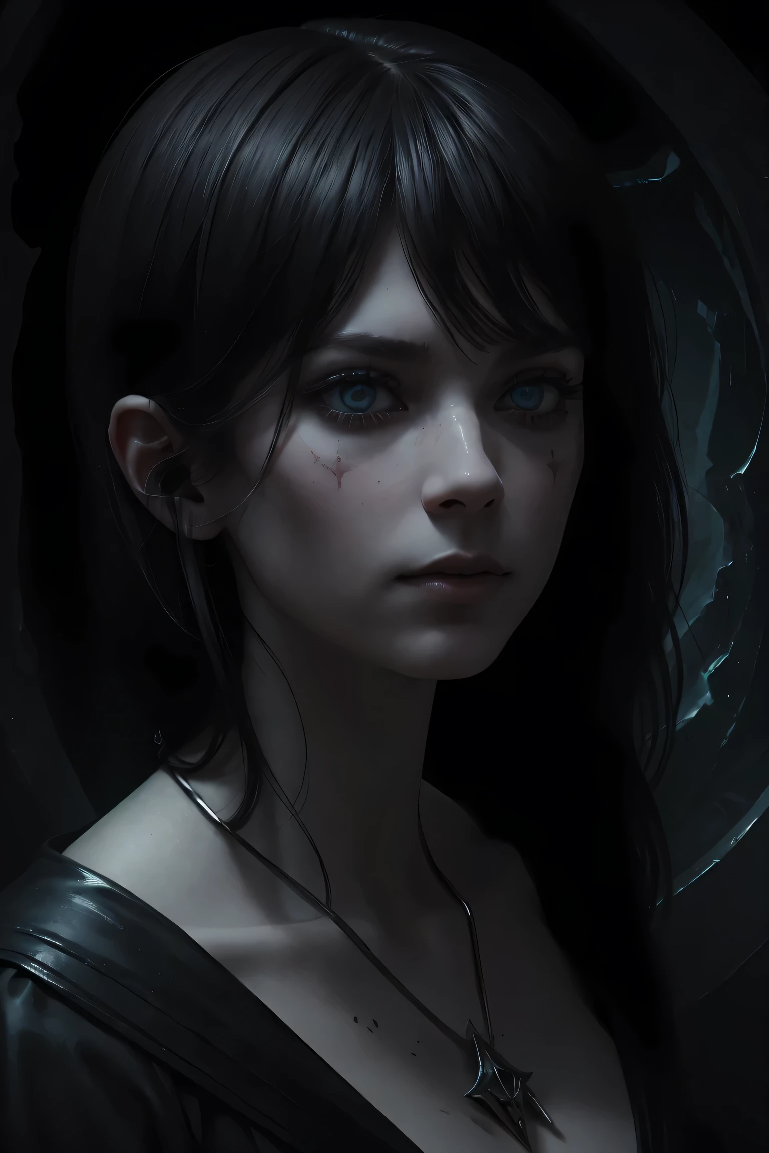 macabre, pale, perfect, beautiful, The abandoned summoner, Sith eyes, Hidden Utopia, flawless, Sophie Burrell, of 20 years, Neo Black, subtle motif, .RAW, (The best quality:1.2), ultra detailed, (realist:1.37), Portraits, cinematic lighting, chiaroscuro, Shibori Lighting, by Amy Sol and Jim Henson