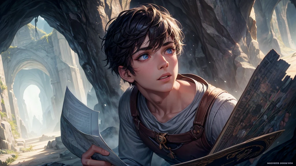 a boy with a compass and map entering a cave resembling a vagina, cinematic lighting, beautiful detailed eyes, beautiful detailed lips, extremely detailed eyes and face, long eyelashes, detailed clothing, realistic lighting, dramatic shadows, cinematic composition, fantasy landscape, mist, moody atmosphere, photorealistic, 8k, high quality