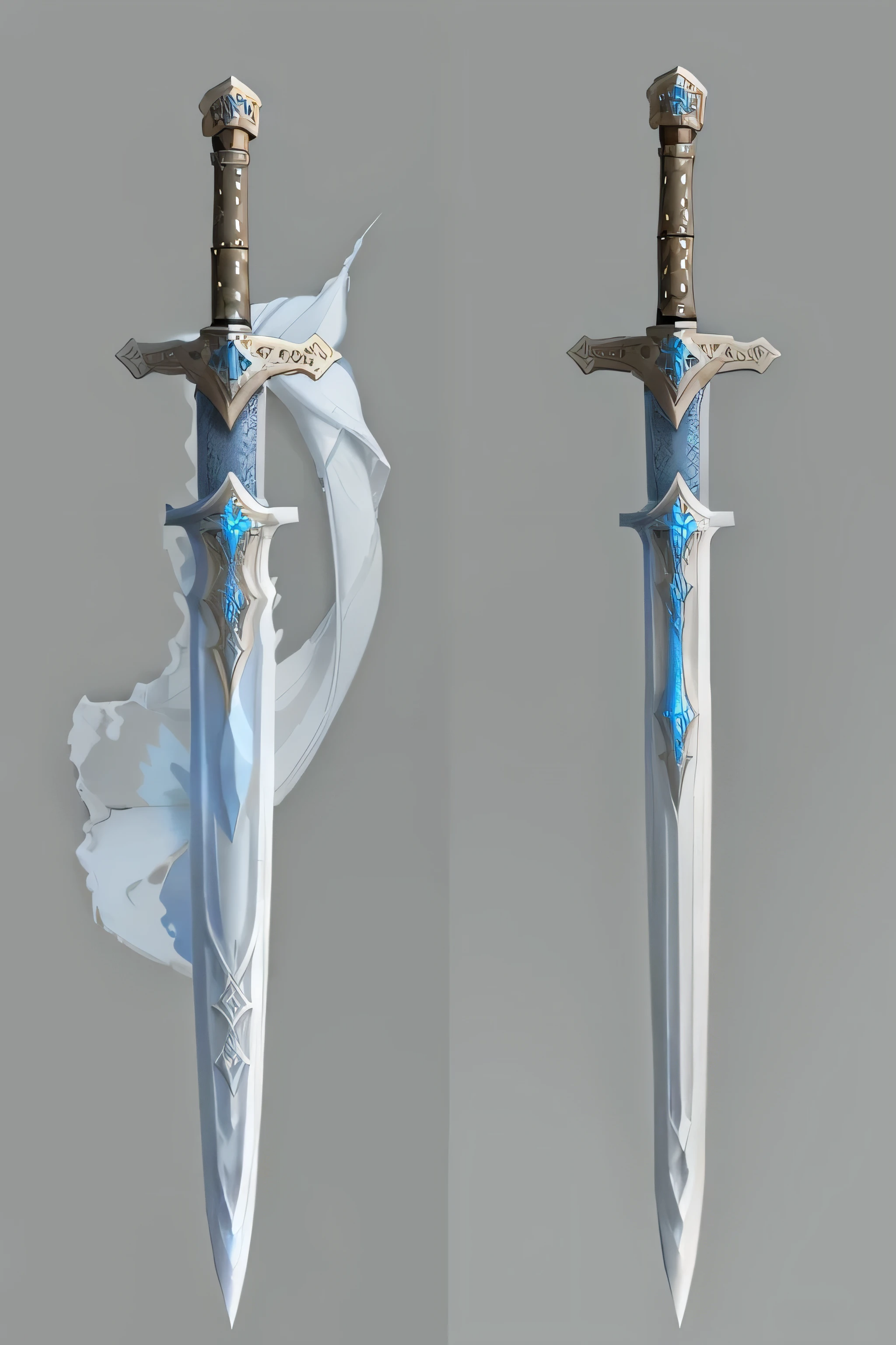 bastard sword medieval, sword is exquisite and thin, well decorated. colors of white, gold and blue. pommel has a diamond, long thin silver blade