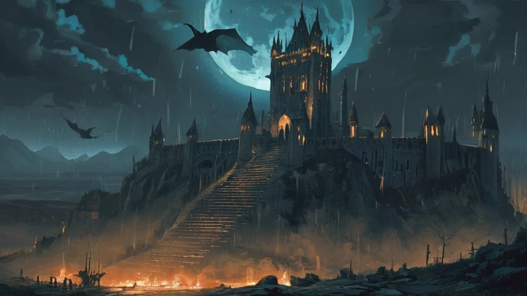 medieval landscape, a towering castle looms ominously against the night sky. From the vantage point below, the castle’s high, crumbling tower rises like a jagged spire, its silhouette stark against the moonlit sky. The tower is a grim, monolithic structure, its dark stone walls etched with the marks of age and neglect.

The moon hangs low and heavy, casting an eerie, pale light that illuminates the broken battlements and the remnants of once-grand banners fluttering in the cold night breeze. The tower’s narrow windows, some shattered and others darkened with grime, appear like hollow eyes staring down into the darkness.

A haunting silence pervades the scene, interrupted only by the occasional distant howl of a wolf or the rustling of leaves in the wind. The ground below is cloaked in shadow, with only the dim glow of distant torches and the faint, flickering light of the castle’s own scattered torches providing any illumination. The air is thick with the scent of damp earth and decay, adding to the oppressive atmosphere.

The imposing tower stands as a dark sentinel over the desolate land, its shadowy presence a foreboding reminder of ancient powers and forgotten secrets that lie within its cold, unwelcoming walls.






