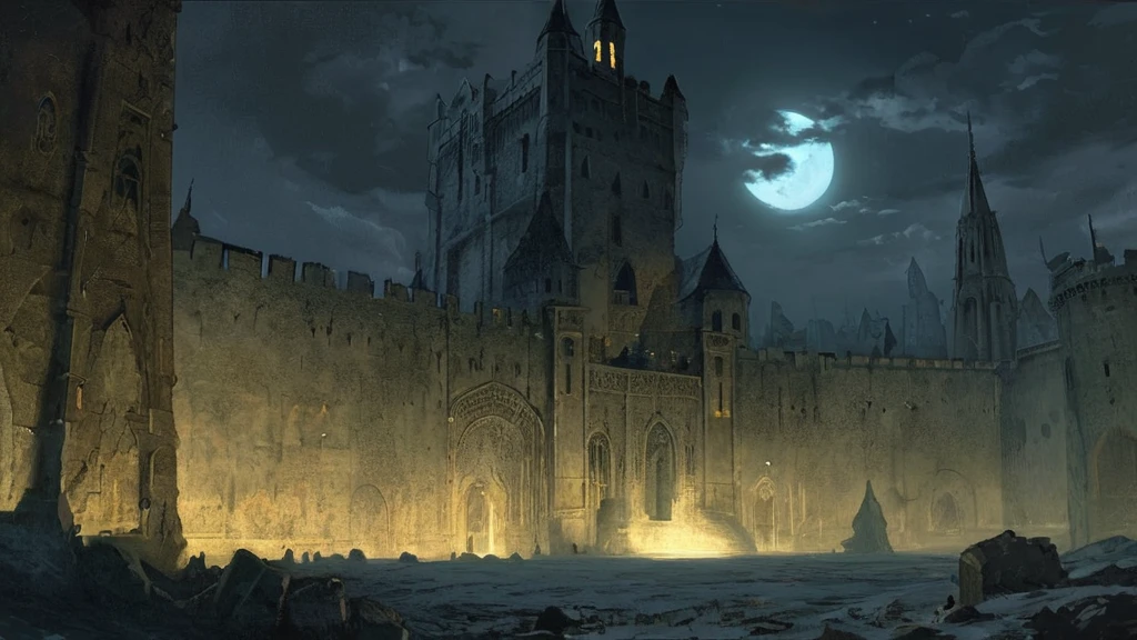 medieval landscape, a towering castle looms ominously against the night sky. From the vantage point below, the castle’s high, crumbling tower rises like a jagged spire, its silhouette stark against the moonlit sky. The tower is a grim, monolithic structure, its dark stone walls etched with the marks of age and neglect.

The moon hangs low and heavy, casting an eerie, pale light that illuminates the broken battlements and the remnants of once-grand banners fluttering in the cold night breeze. The tower’s narrow windows, some shattered and others darkened with grime, appear like hollow eyes staring down into the darkness.

A haunting silence pervades the scene, interrupted only by the occasional distant howl of a wolf or the rustling of leaves in the wind. The ground below is cloaked in shadow, with only the dim glow of distant torches and the faint, flickering light of the castle’s own scattered torches providing any illumination. The air is thick with the scent of damp earth and decay, adding to the oppressive atmosphere.

The imposing tower stands as a dark sentinel over the desolate land, its shadowy presence a foreboding reminder of ancient powers and forgotten secrets that lie within its cold, unwelcoming walls.






