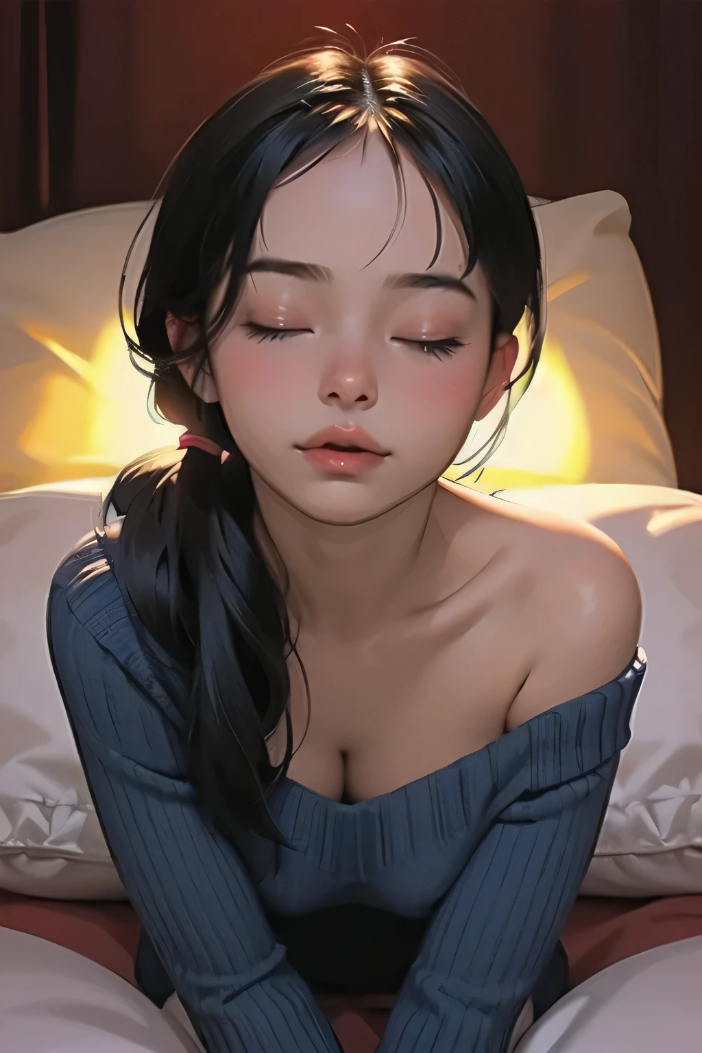 Sexy woman, eyes closed, mouth open, very deep blush, tip of the nose is red, long neck, off shoulder blue sweater, medium chest, visible cleavage, bedroom, warm lighting , lying on bed, head on pillow, facing up 