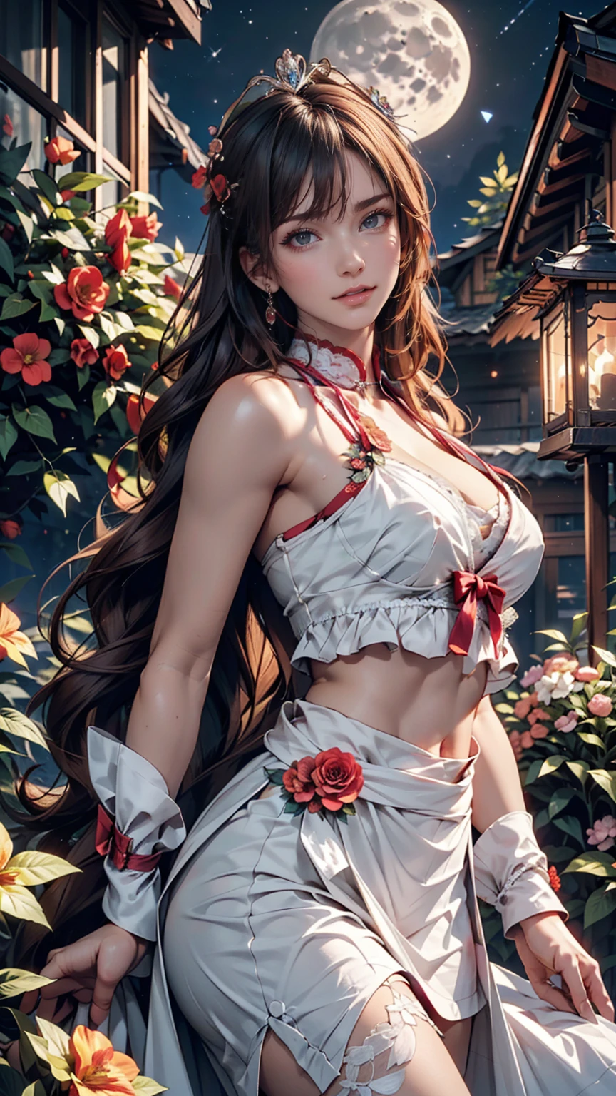 Highest quality, expensive_solve, clear_image, Detailed Background ,girl, Hanbok,flower,garden,moon, night,Dutch Angle, Wide Shot, Crown, 、24-year-old woman、Sexy proportions、Narrow waist、Erotic female body