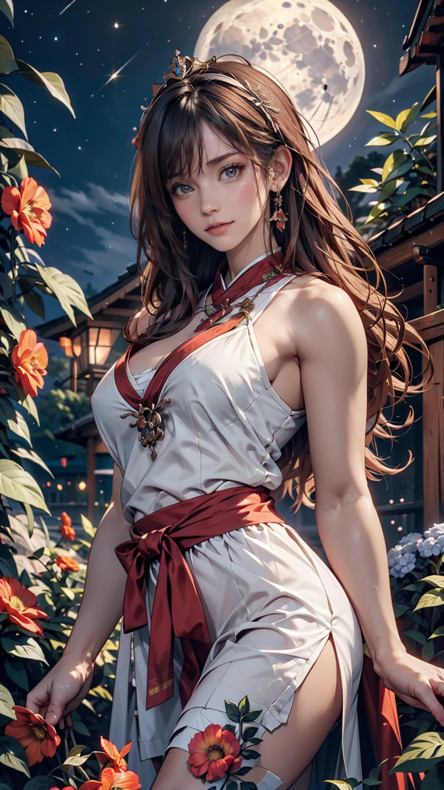 Highest quality, expensive_solve, clear_image, Detailed Background ,girl, Hanbok,flower,garden,moon, night,Dutch Angle, Wide Shot, Crown, 、24-year-old woman、Sexy proportions、Narrow waist、Erotic female body