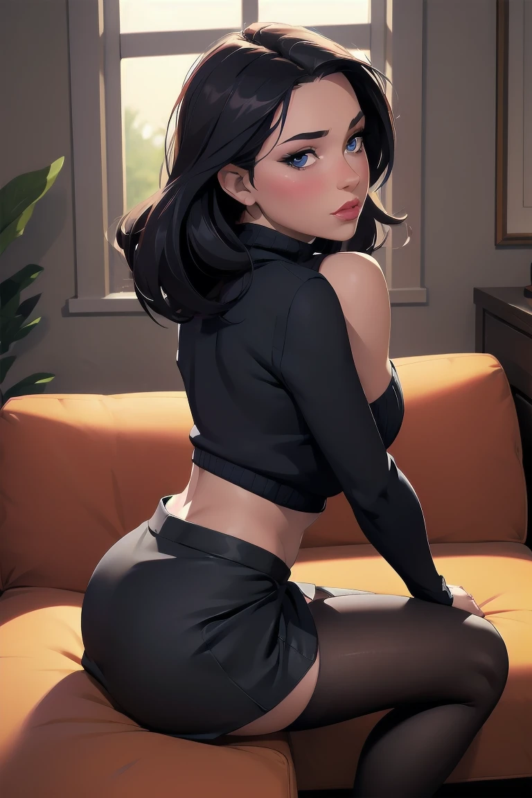 Sexy woman, perfect hair, amazing makeup, seductive gaze, blushing intensely, ready to kiss, long oversized sweater, black tights, sitting comfortably on couch, window, natural light beaming through window, beautiful face, seductively gazing at us, very seductively provocative,  (from behind:0.5), looking over shoulder, looking at viewer short skirt, fat ass, underbutt cheeky, (leaning forwards:1.2), hands on railing, best quality